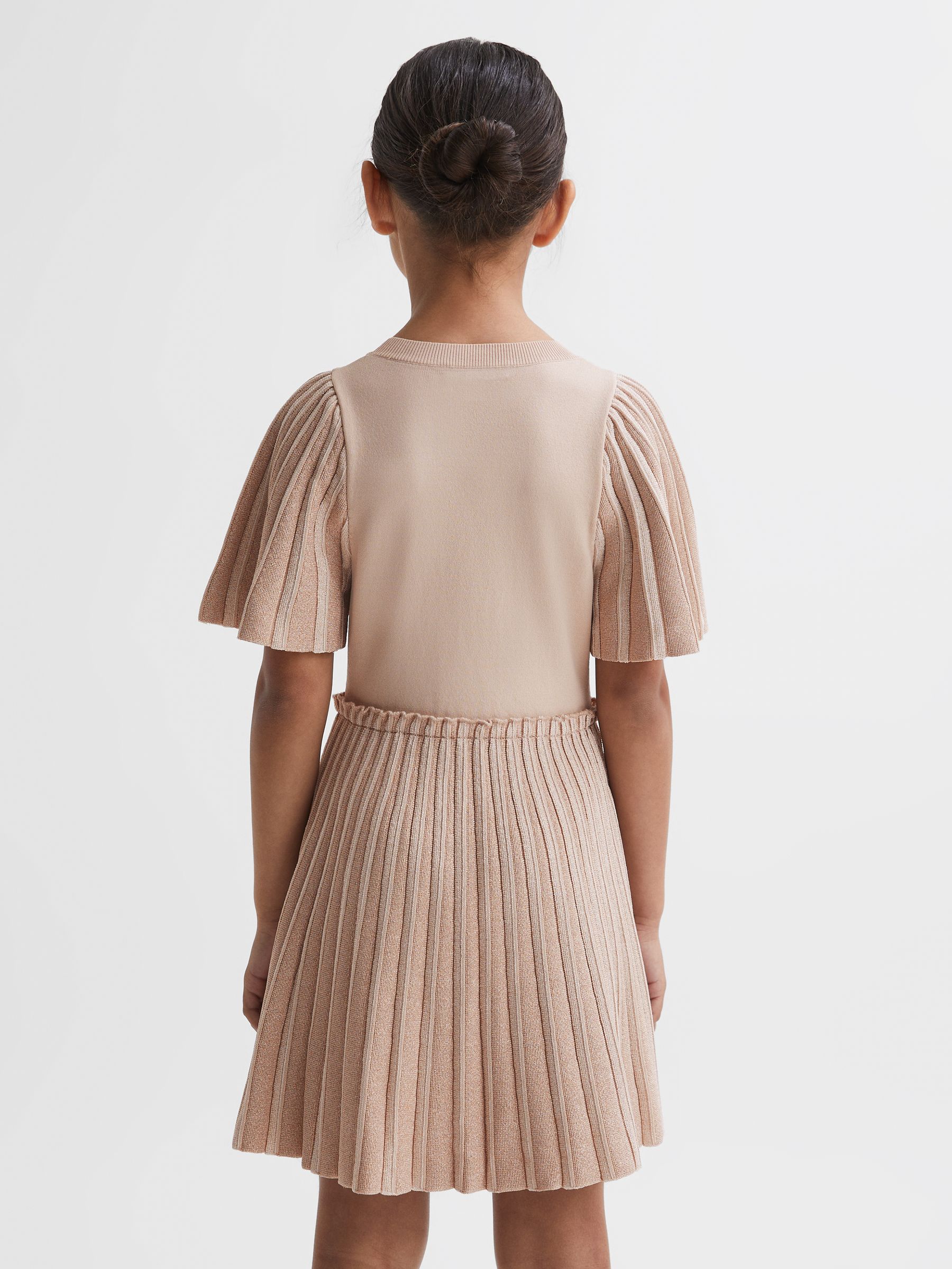 4-9 yrs Pleated Metallic Short Sleeve Dress in Pink - Image 5 of 6