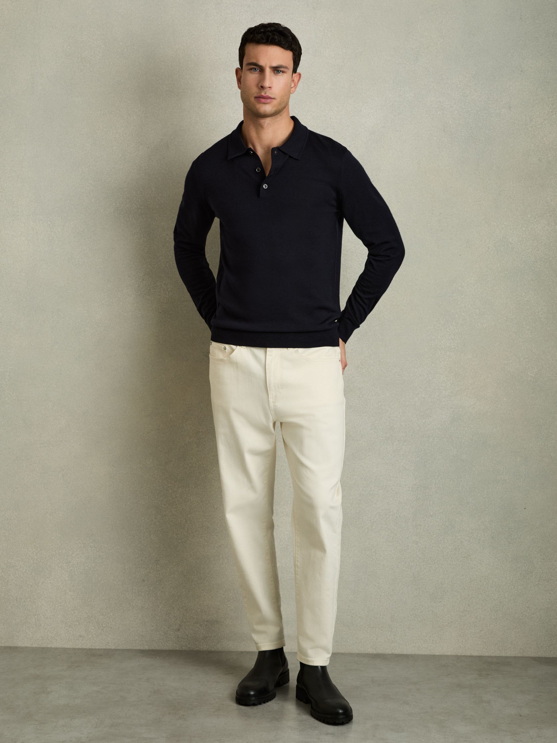 Merino Wool Polo Shirt in Navy - Image 3 of 8