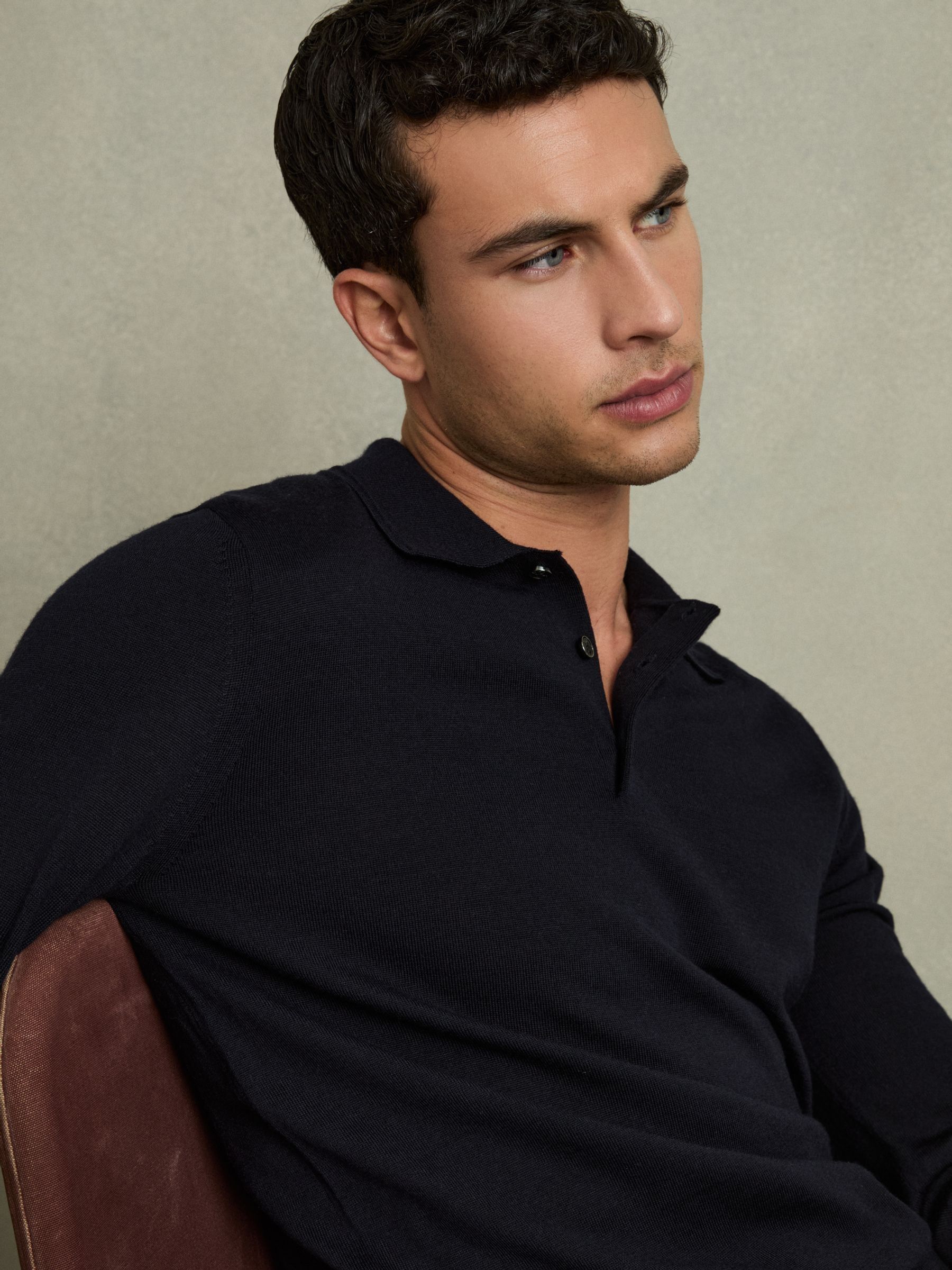 Merino Wool Polo Shirt in Navy - Image 4 of 8