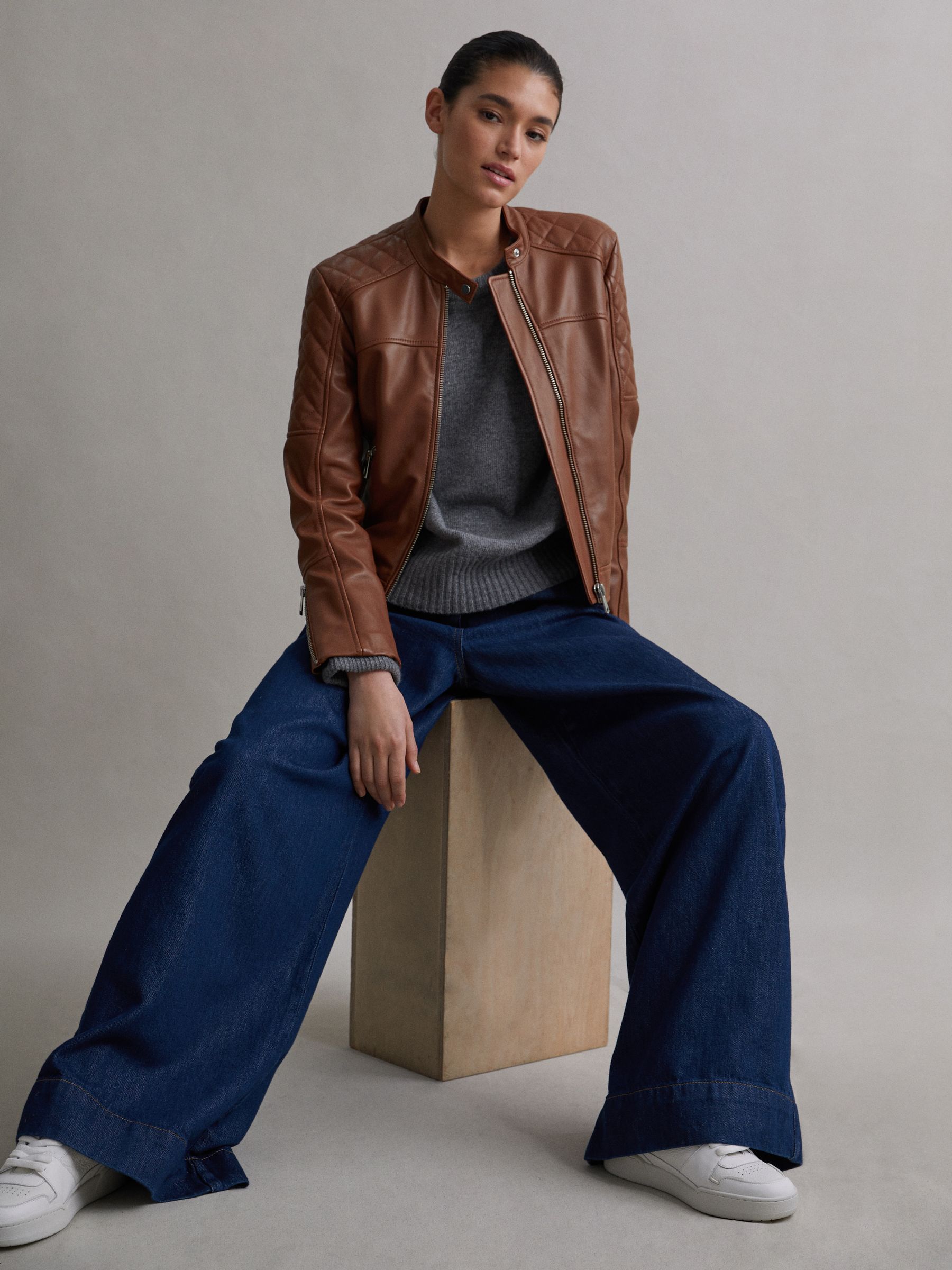 Leather Collarless Quilted Jacket in Tan - Image 1 of 5 Leather Collarless Quilted Jacket in Tan - Image 1 of 5