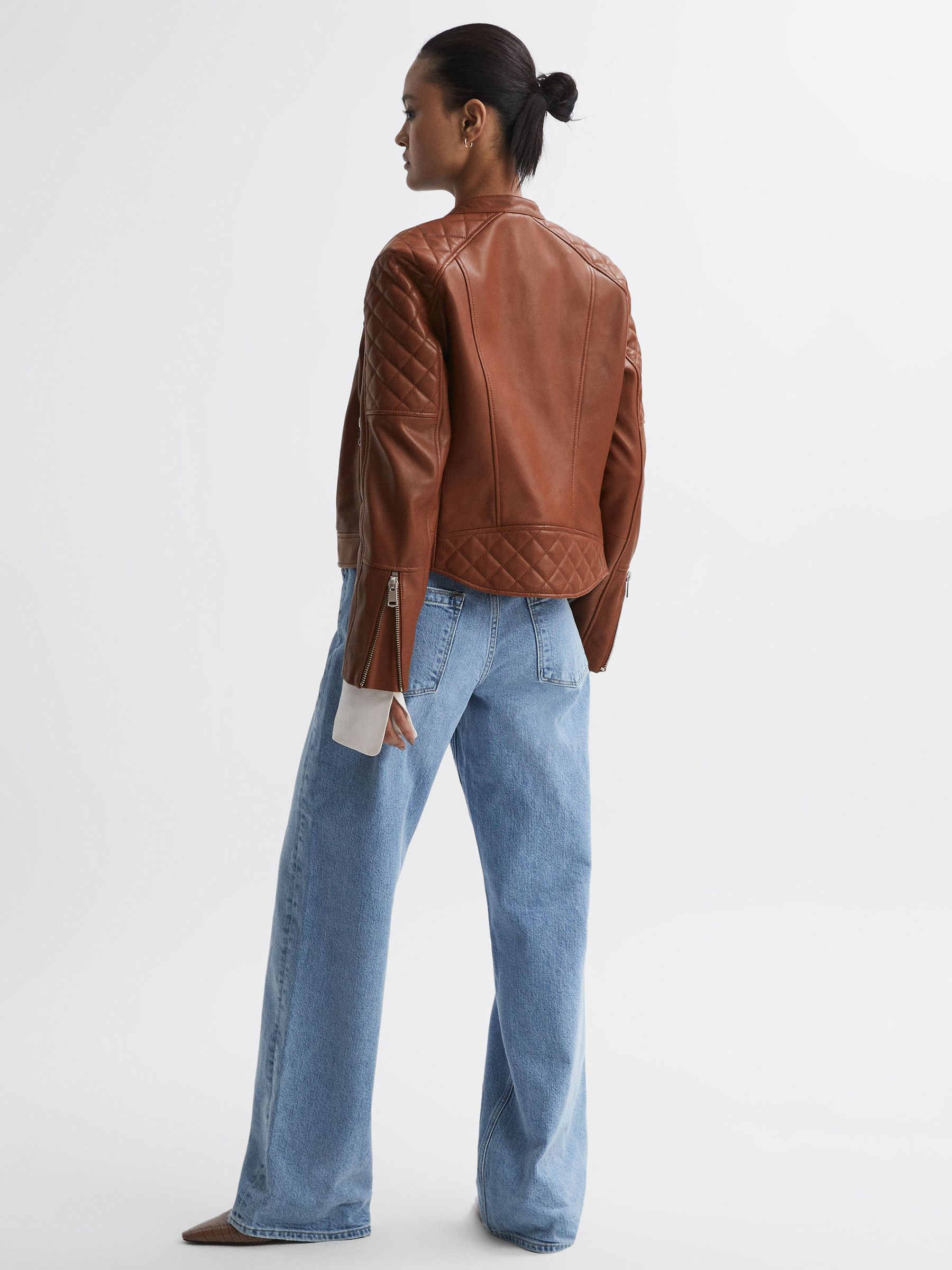 Leather Collarless Quilted Jacket in Tan - Image 5 of 5