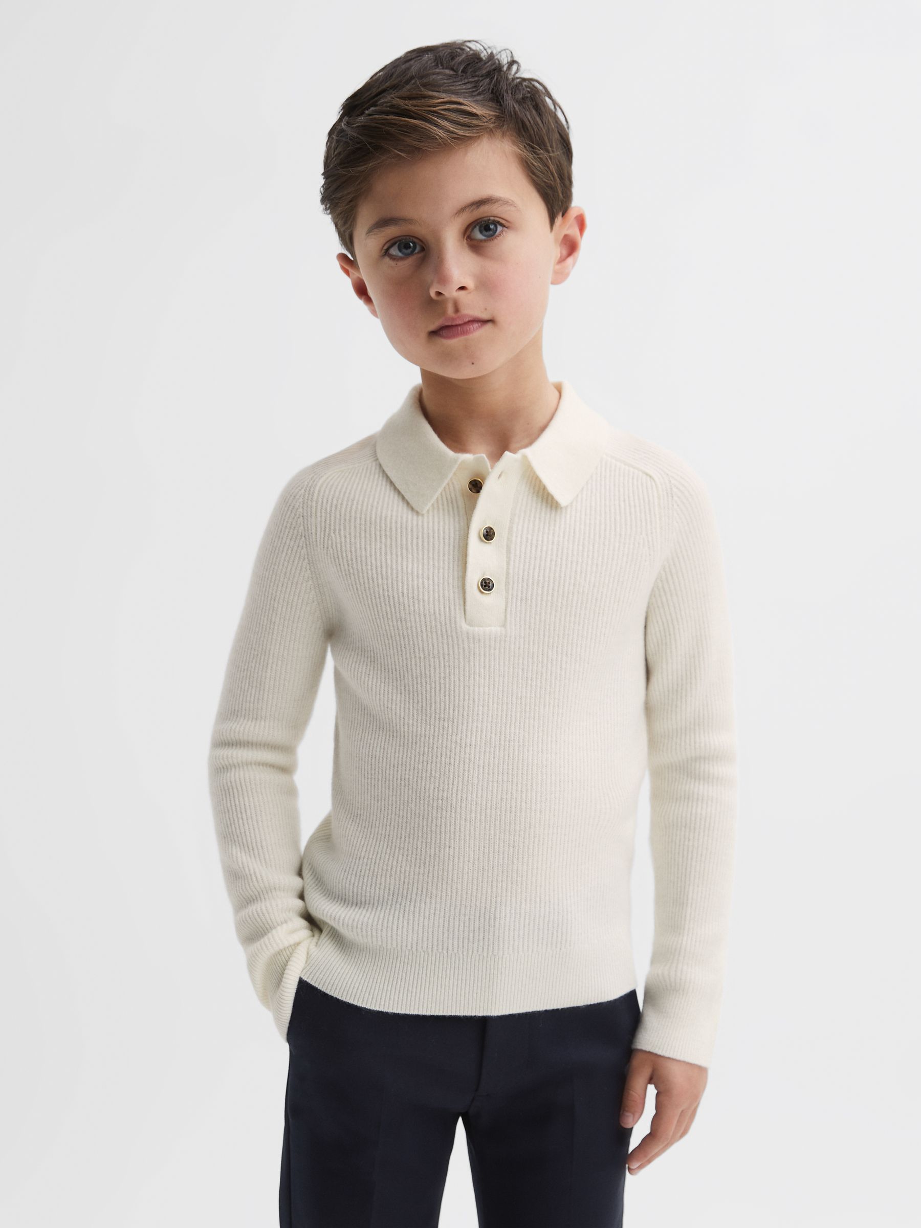 Junior Merino Wool Polo Shirt in Ecru - Image 1 of 6 Junior Merino Wool Polo Shirt in Ecru - Image 1 of 6
