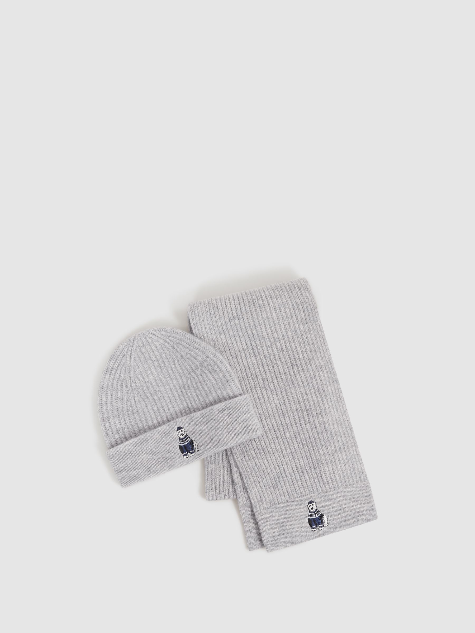 3-6 yrs Wool Motif Beanie Hat and Scarf Set in Soft Grey Melange - Image 1 of 6