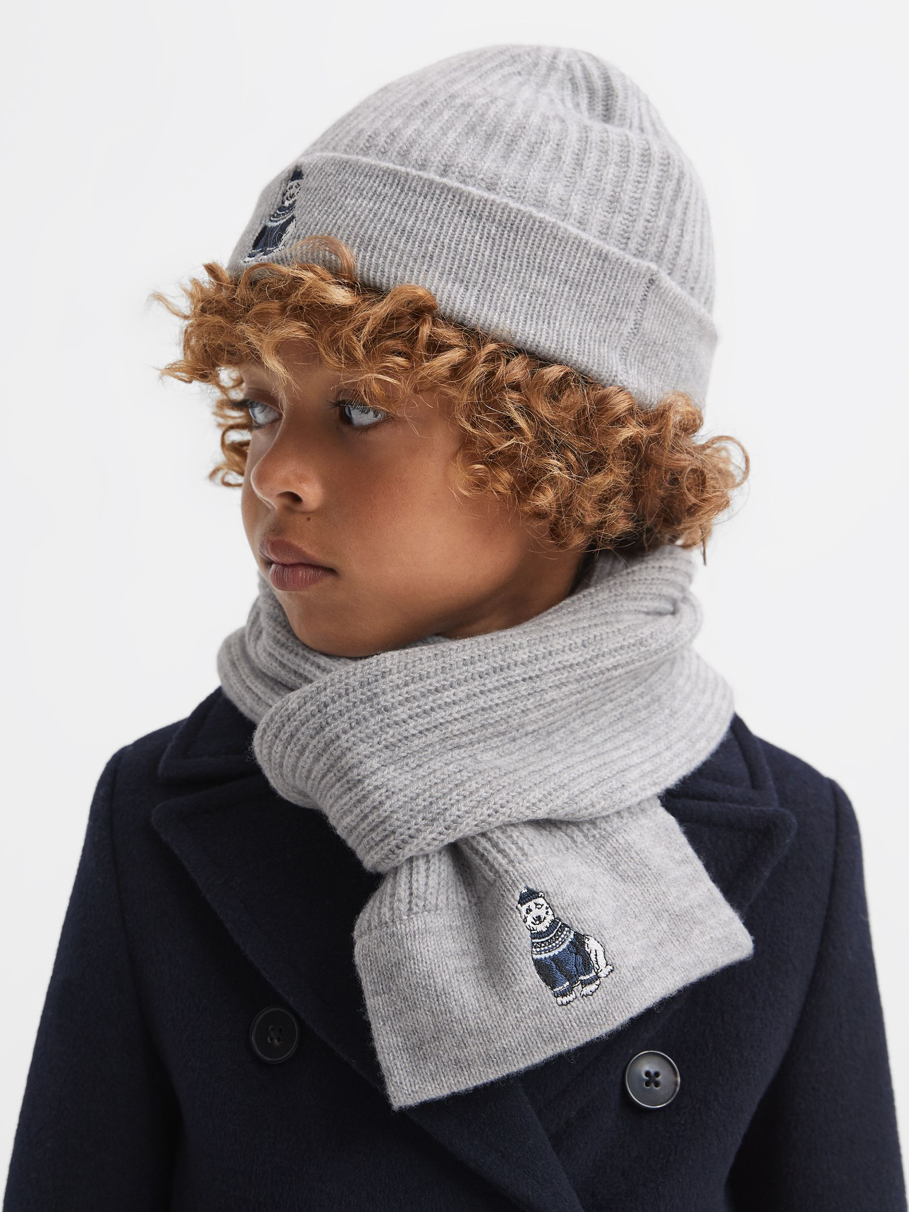 3-6 yrs Wool Motif Beanie Hat and Scarf Set in Soft Grey Melange - Image 2 of 6