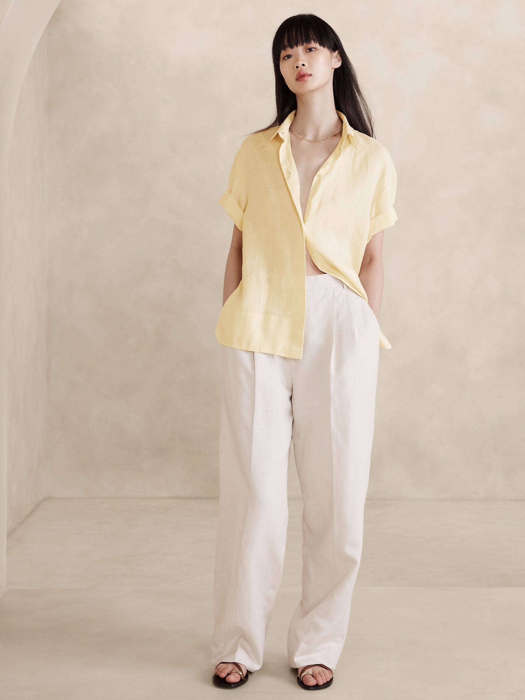 Banana Republic Yellow The Boxy Crop Linen Shirt - Image 1 of 1