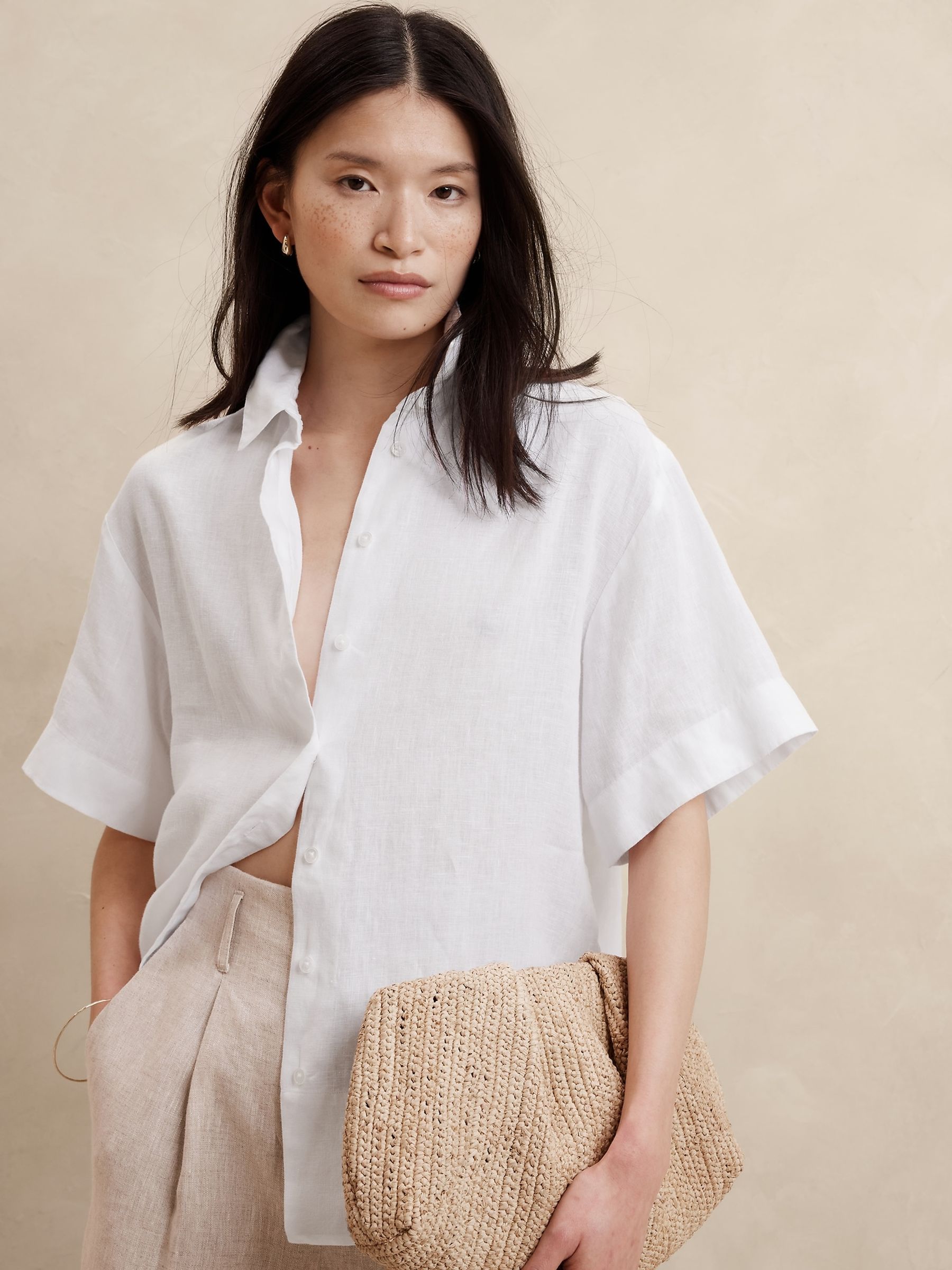 Banana Republic White The Boxy Crop Linen Shirt - Image 1 of 1