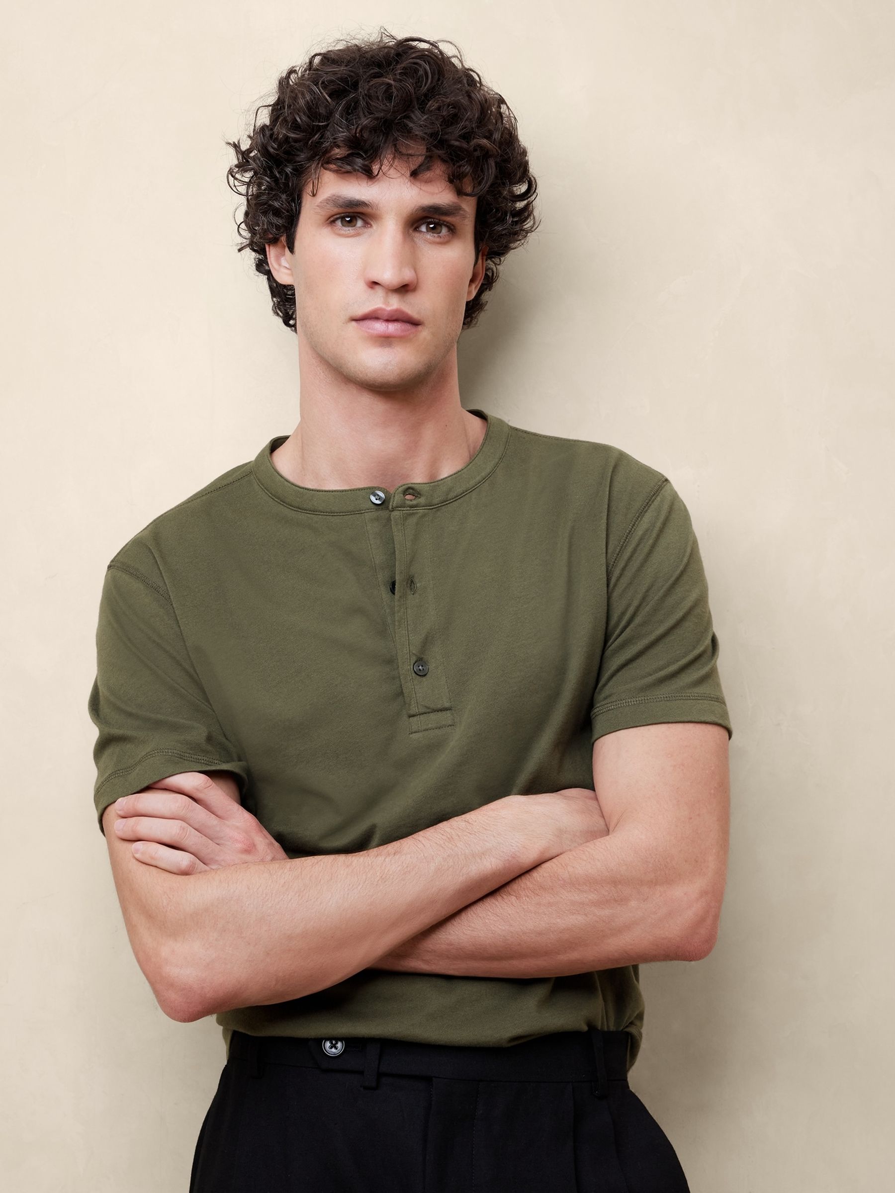 Banana Republic Spiced Olive Green Soft Wash Henley T-Shirt - Image 1 of 1