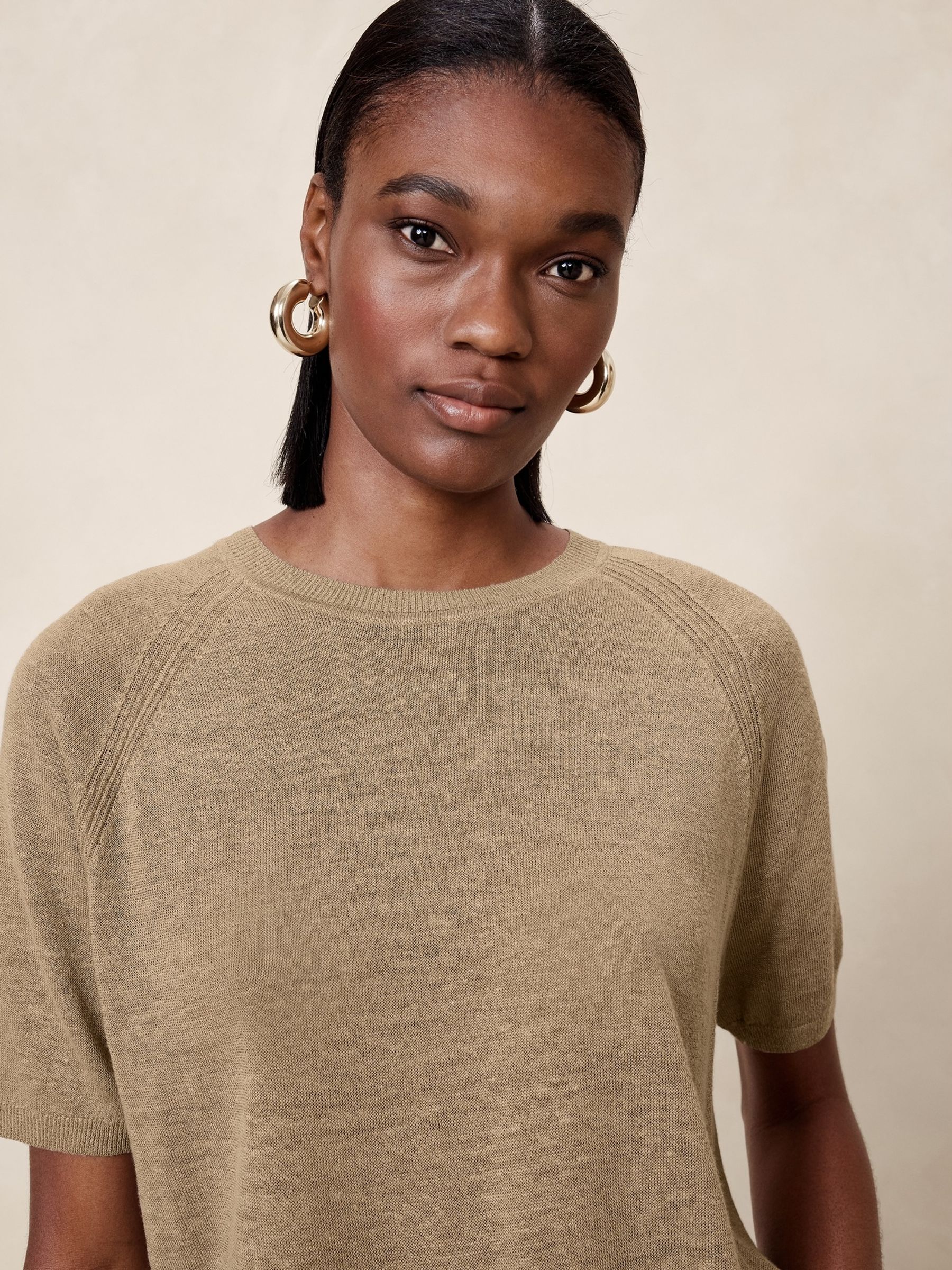 Banana Republic Beige Fern Linen-Blend Short Sleeve Jumper - Image 3 of 4