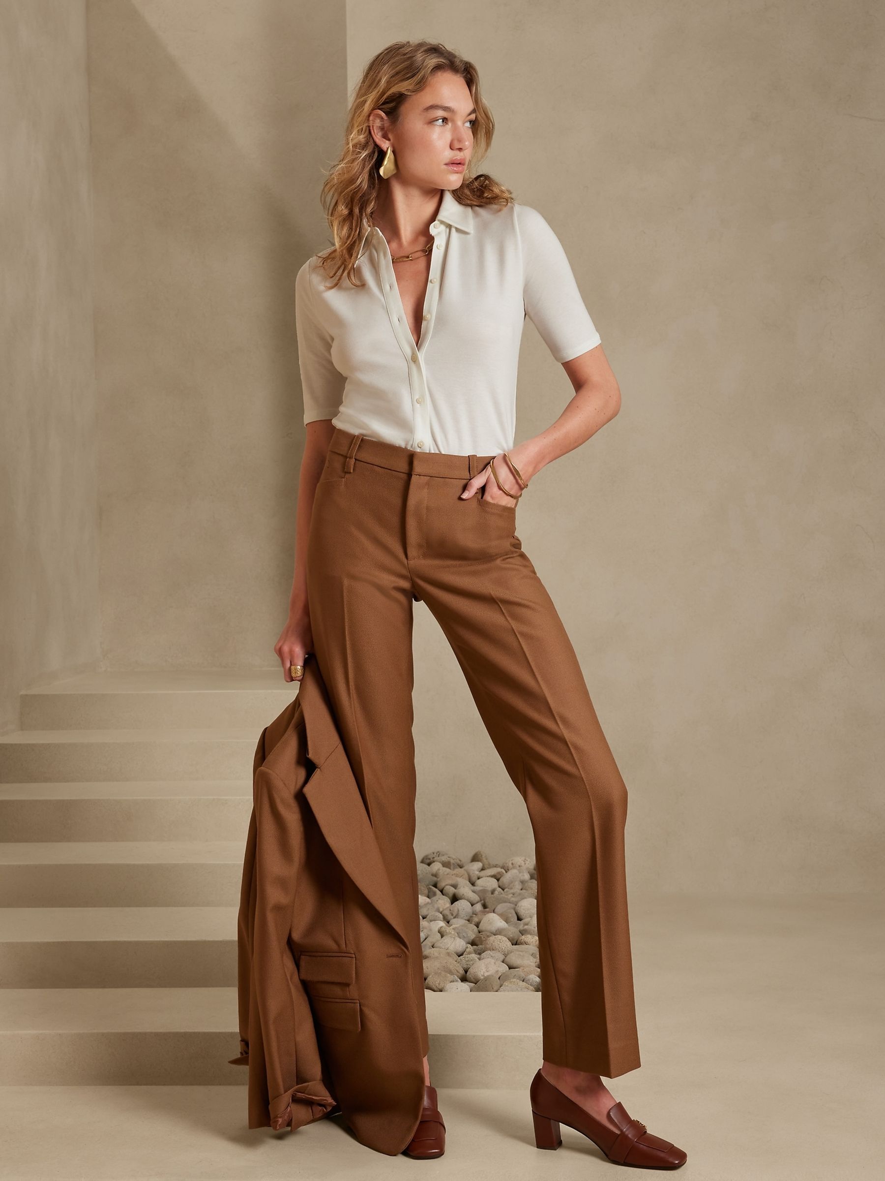 Banana Republic White Essential Polo Button-Up Blouse - Image 1 of 1
