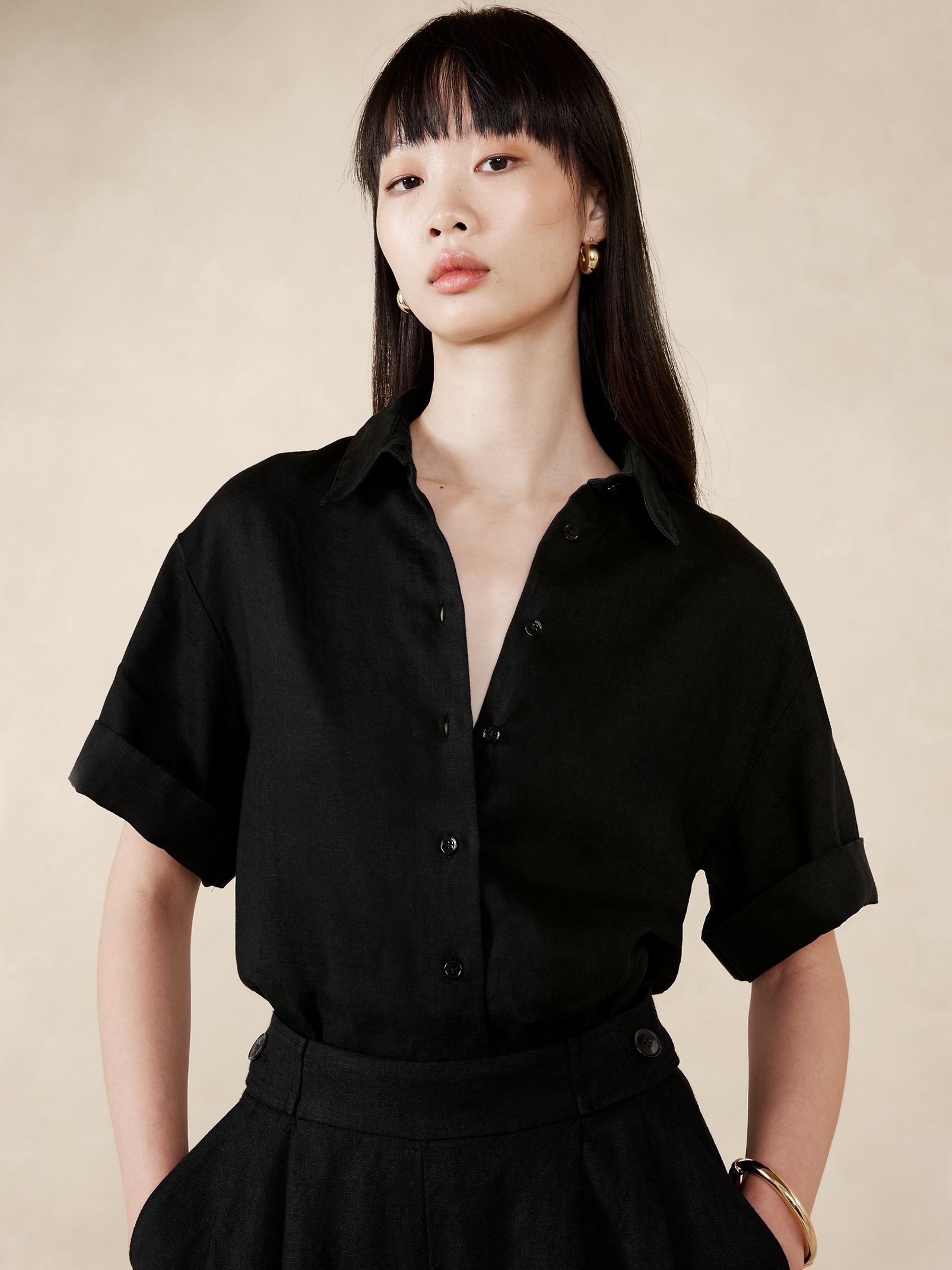 Banana Republic Black The Boxy Crop Linen Shirt - Image 1 of 4
