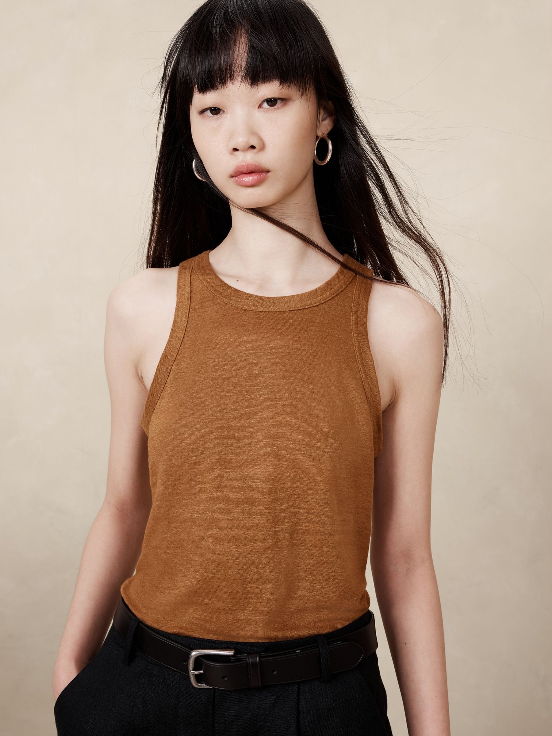 Banana Republic Brown Linen Racer Tank Top - Image 1 of 1