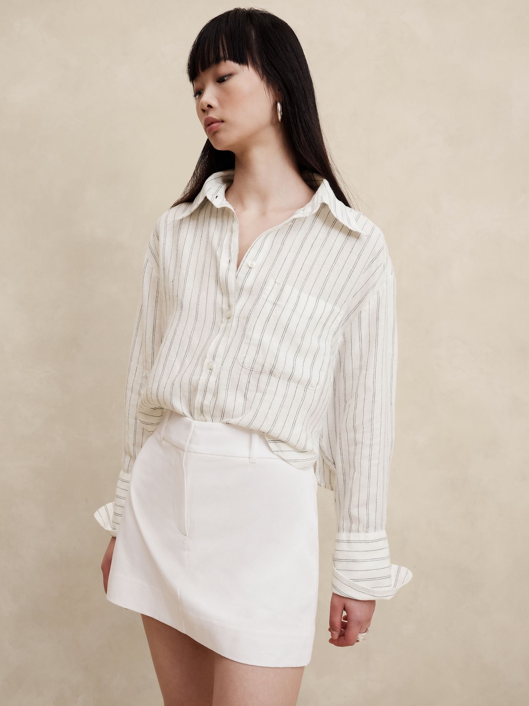 Banana Republic Beige The Boxy Crop Linen Shirt - Image 1 of 4