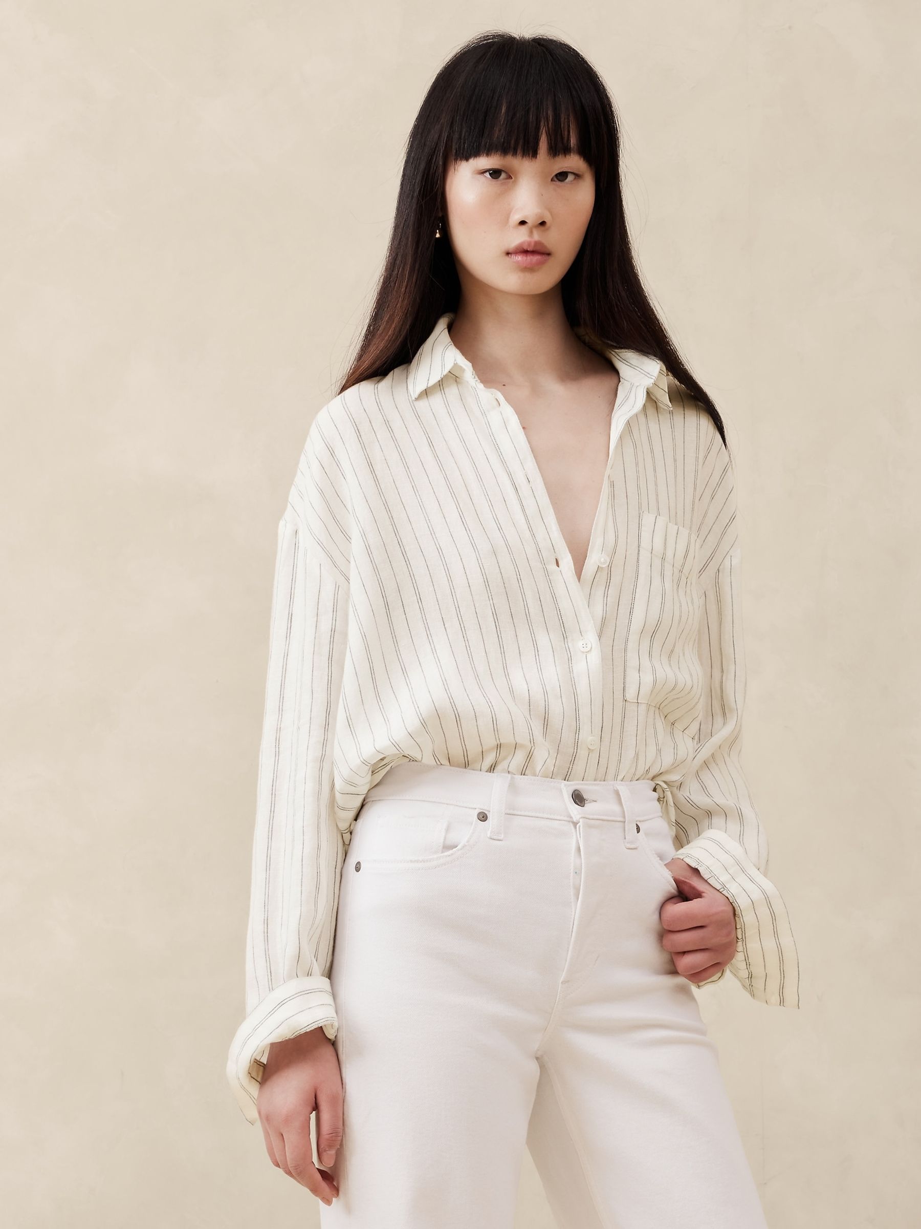 Banana Republic Cream Stripe The Oversized Linen Shirt - Image 1 of 1