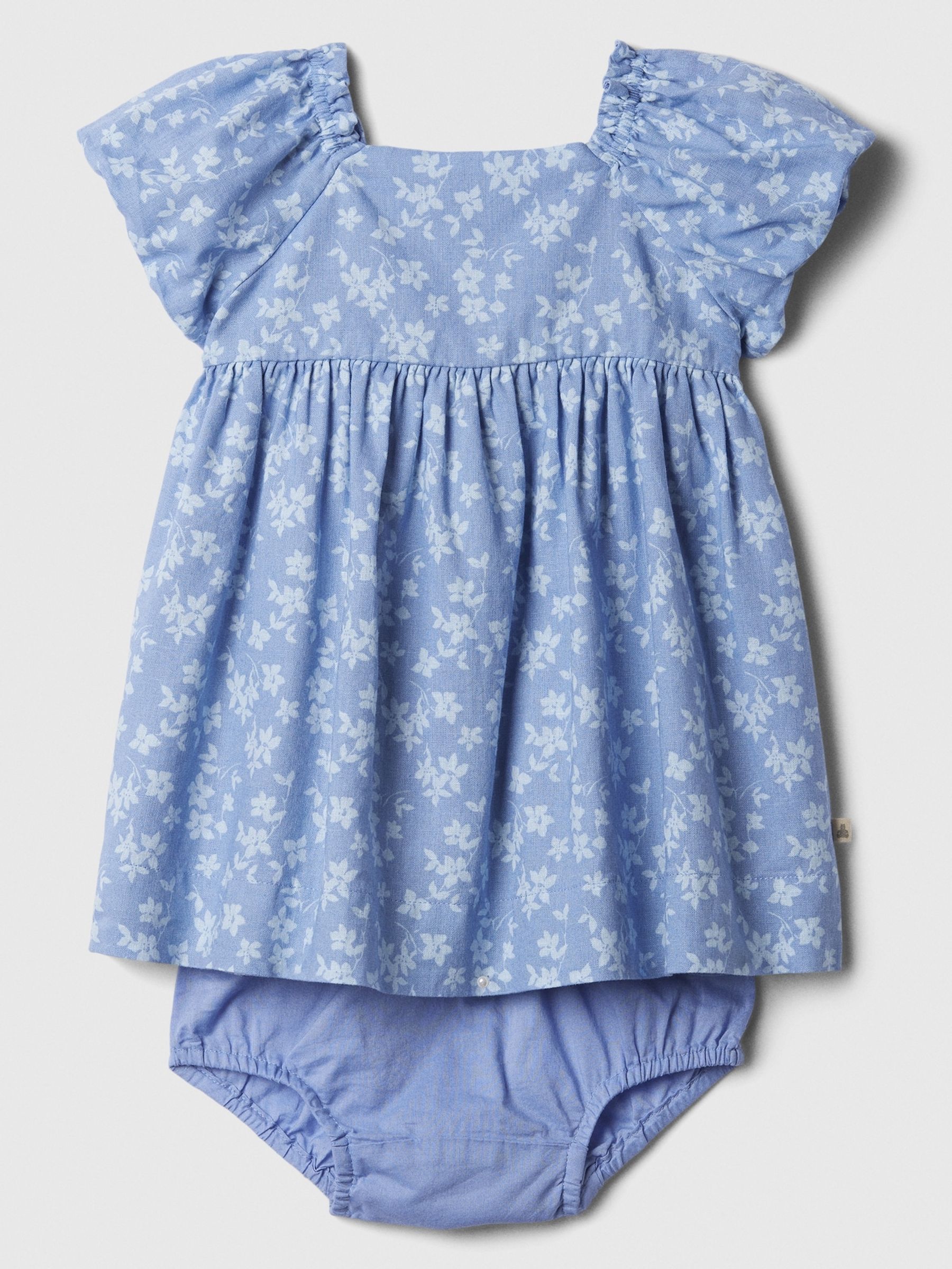 Blue Linen Blend Baby Floral Puff Sleeve Top and Shorts Set (Newborn-24mths) - Image 1 of 4