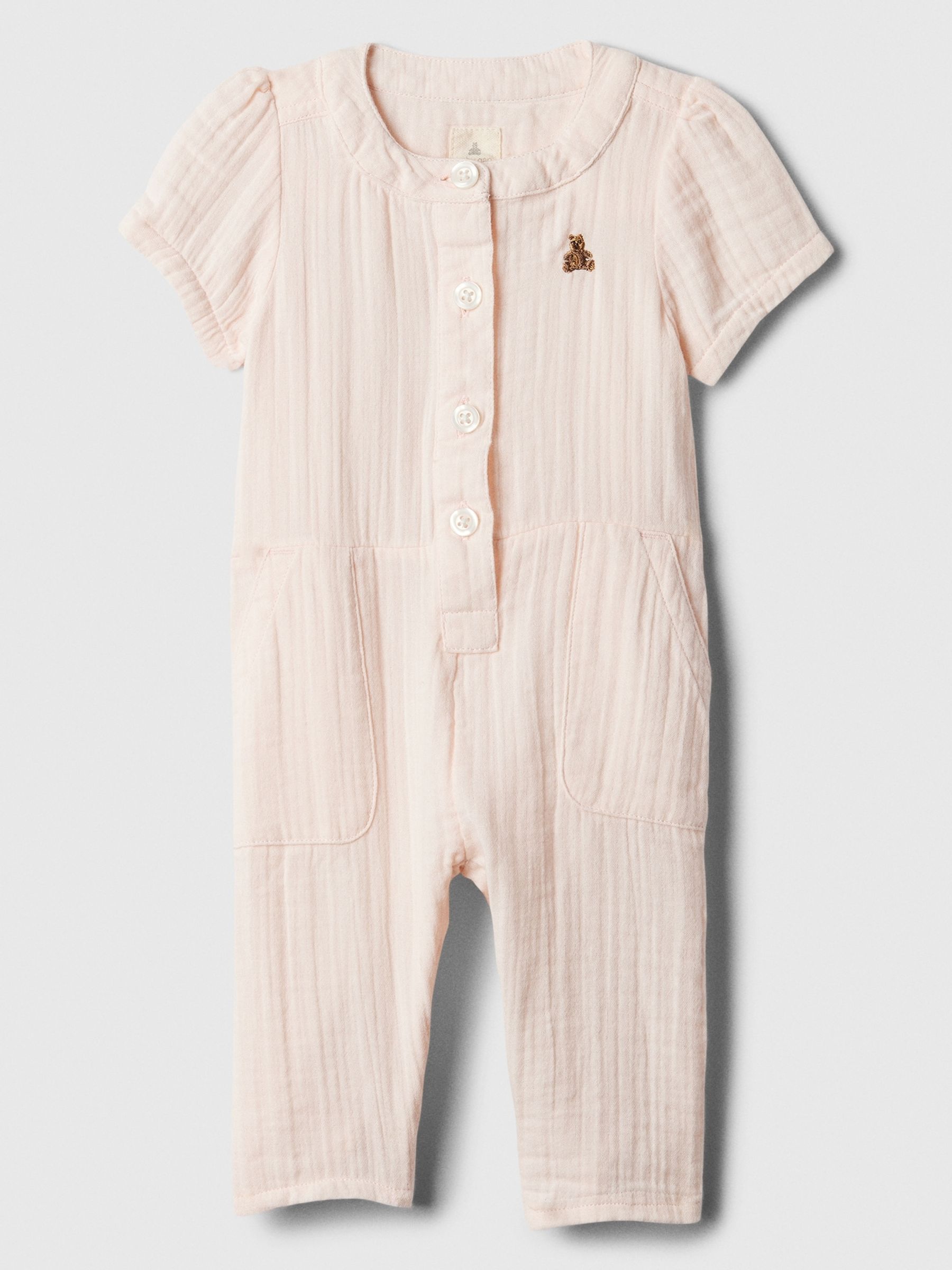 Pink Crinkle Cotton Brannan Bear Pocket Baby Romper (Newborn-24mths) - Image 1 of 1 Pink Crinkle Cotton Brannan Bear Pocket Baby Romper (Newborn-24mths) - Image 1 of 1