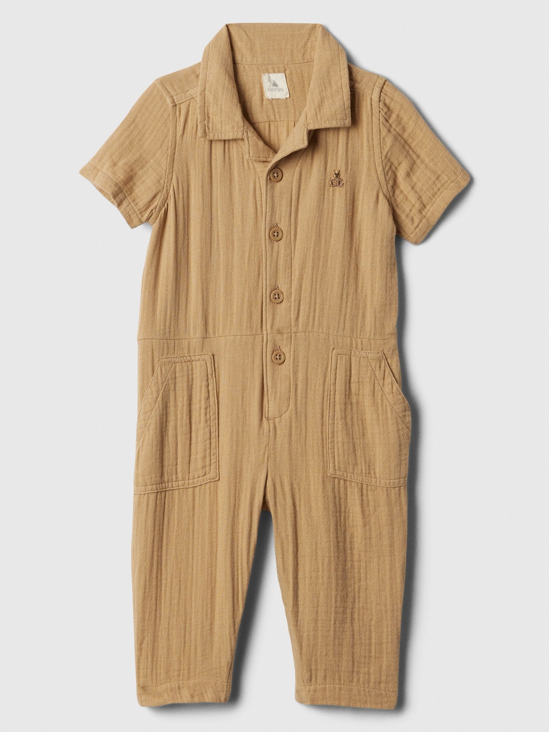 Brown Crinkle Cotton Brannan Bear Pocket Baby Romper (Newborn-24mths) - Image 1 of 1