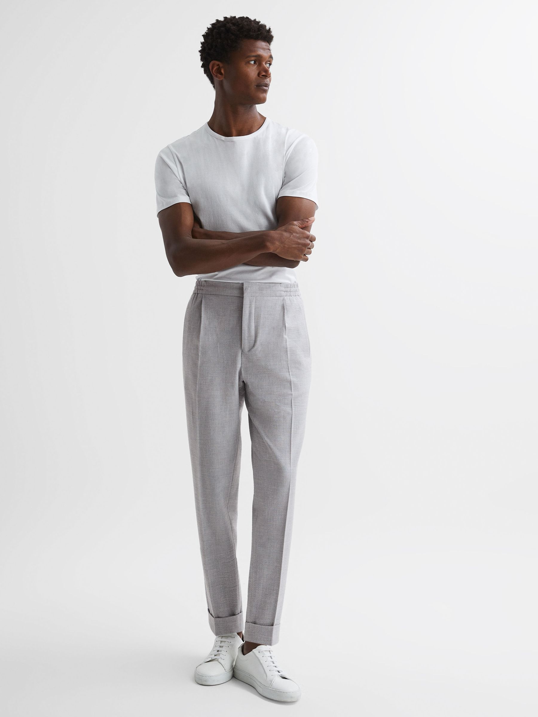 Seersucker Elasticated Trousers in Soft Grey - Image 1 of 4