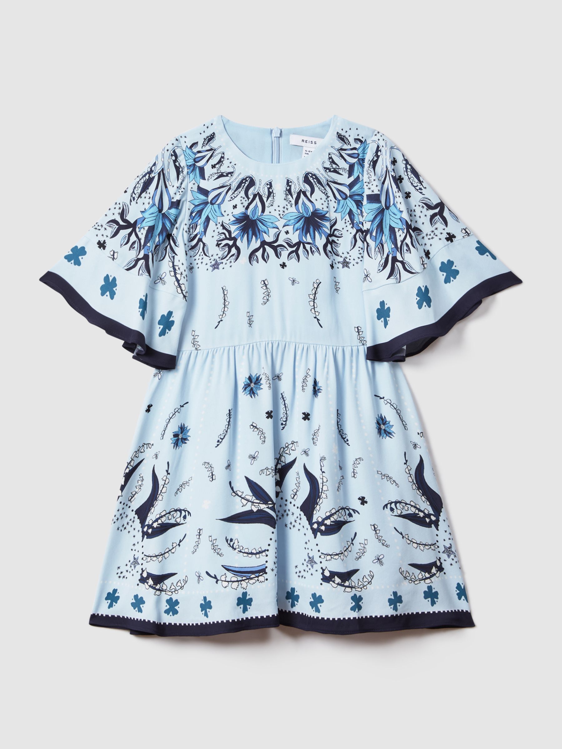 9-13 yrs Printed Flared Sleeve Dress in Blue - Image 2 of 4