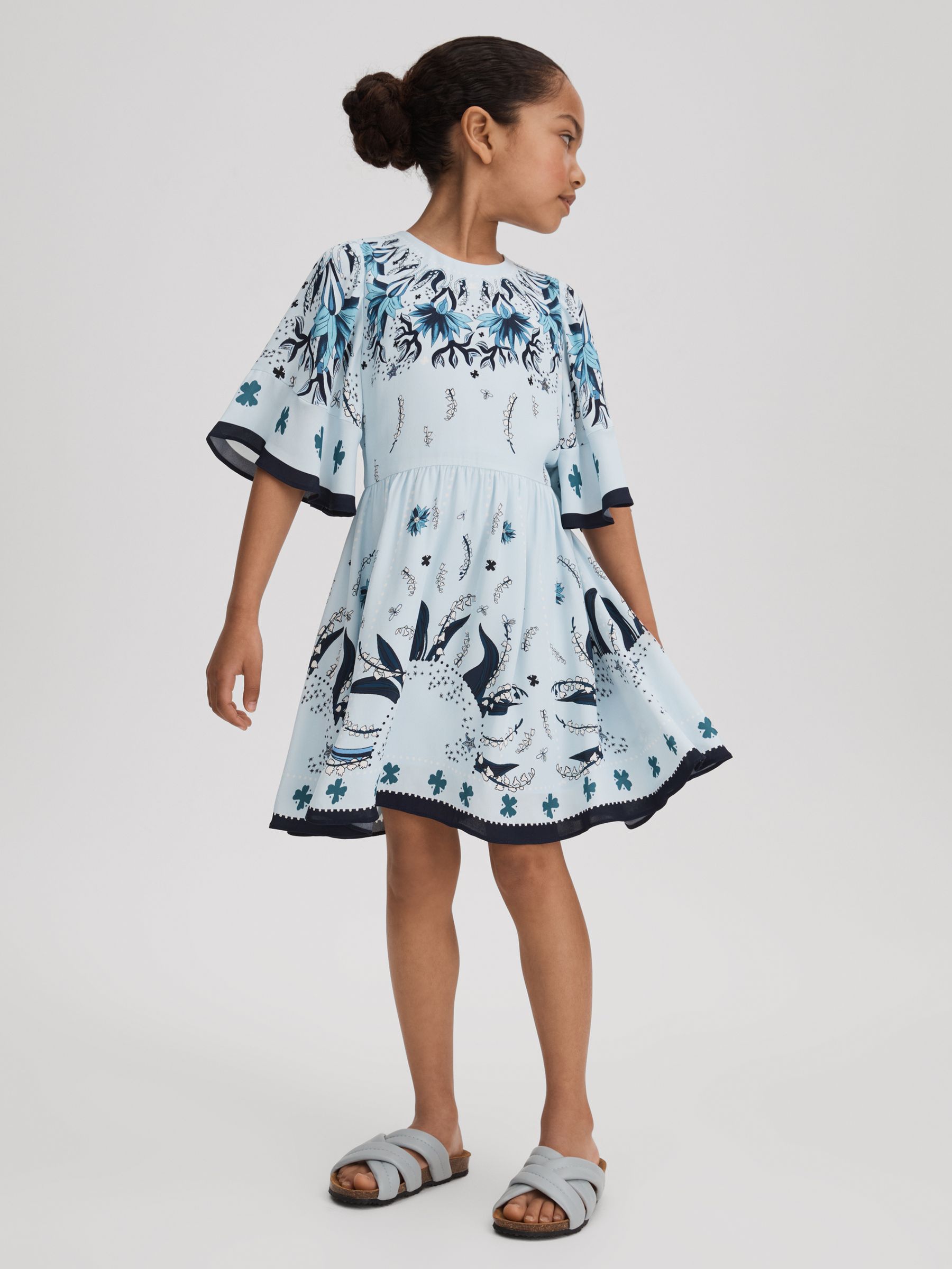 13-14 yrs Printed Flared Sleeve Dress in Blue - Image 2 of 4