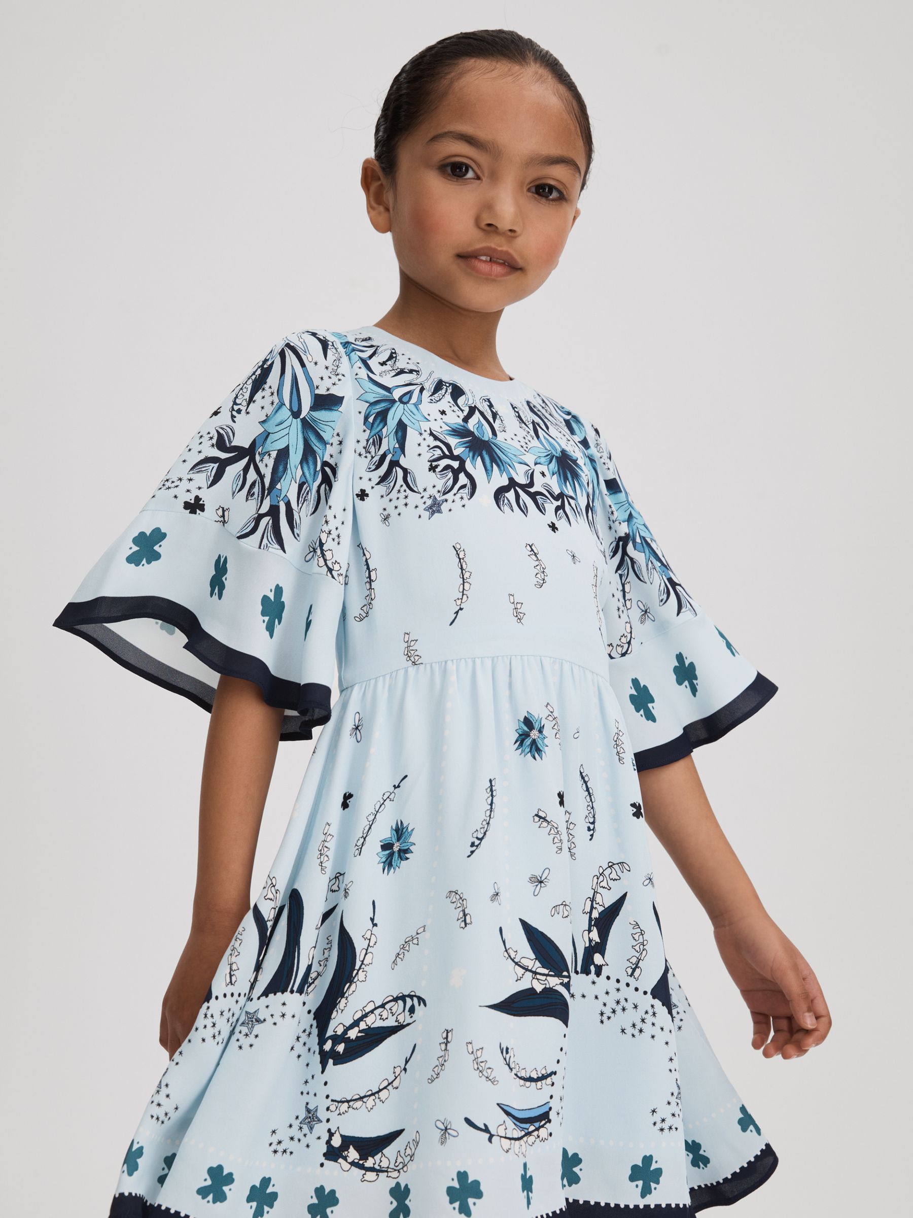 13-14 yrs Printed Flared Sleeve Dress in Blue - Image 3 of 4
