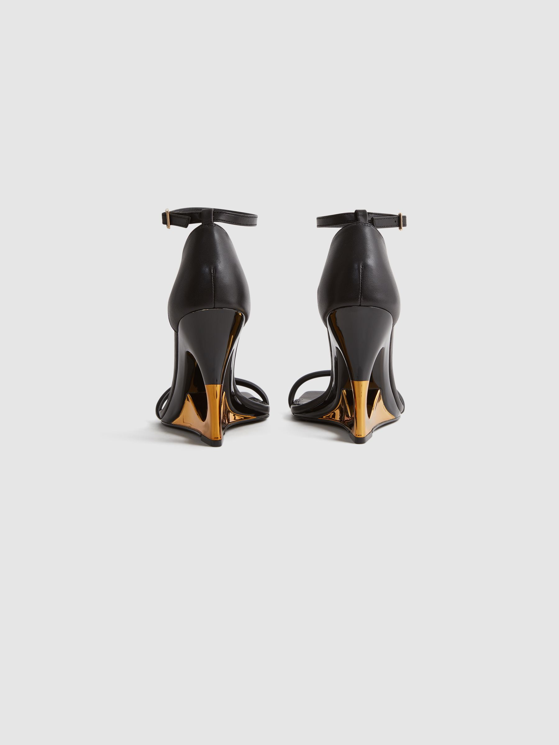 Leather Strappy Wedge Heels in Black/Gold - Image 4 of 5