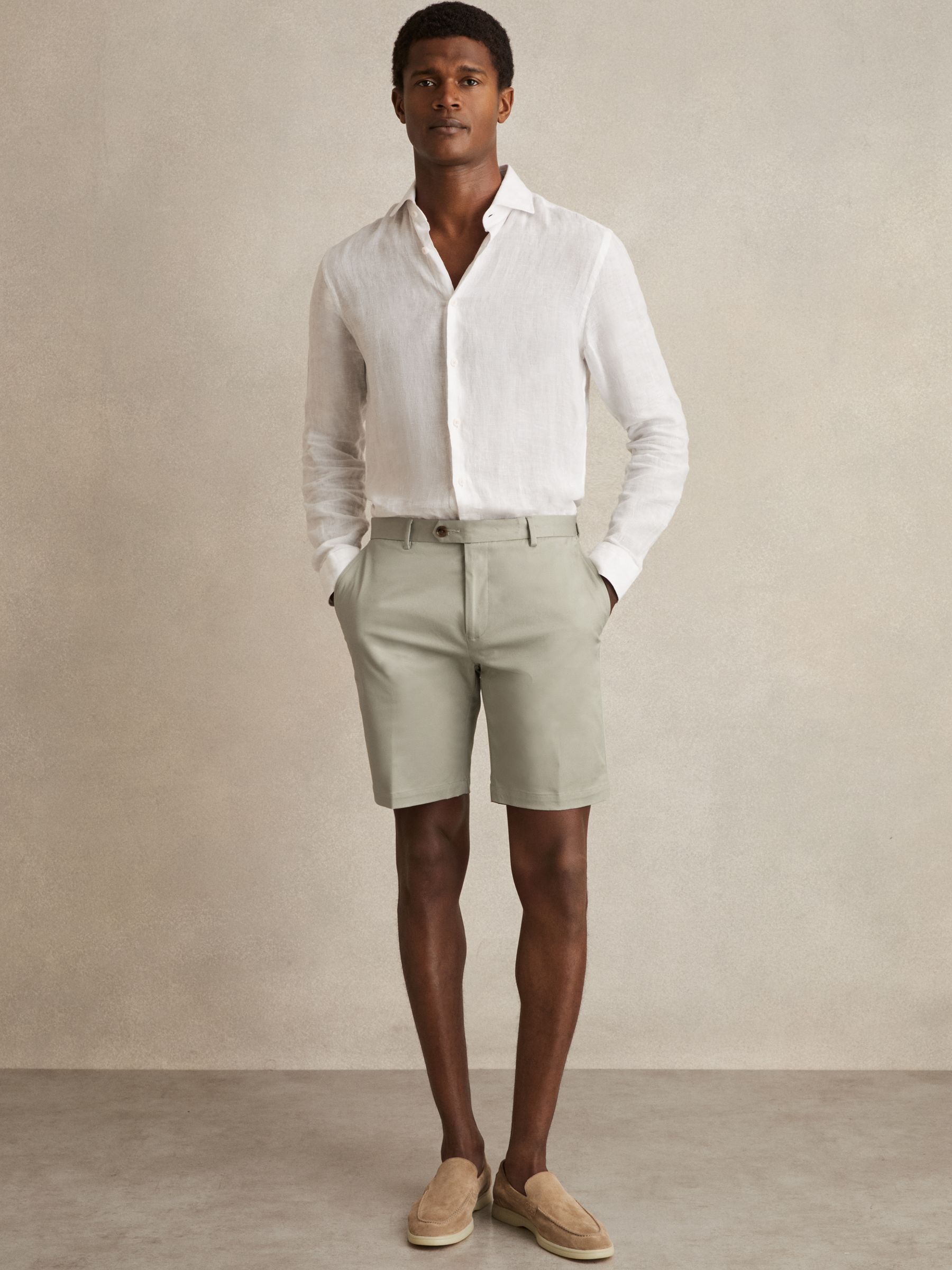 Cotton Chino Shorts With Stretch in Soft Sage - Image 1 of 6