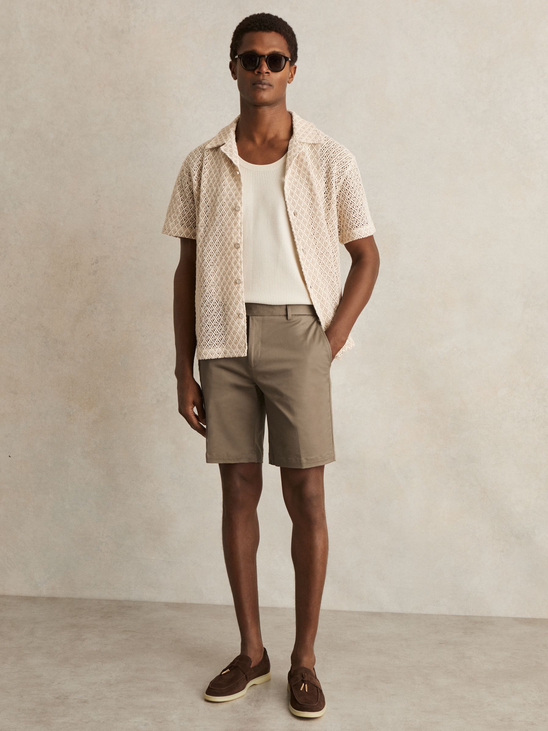 Oe Hampton Cotton Chino Shorts with Stretch in Taupe - Image 1 of 6