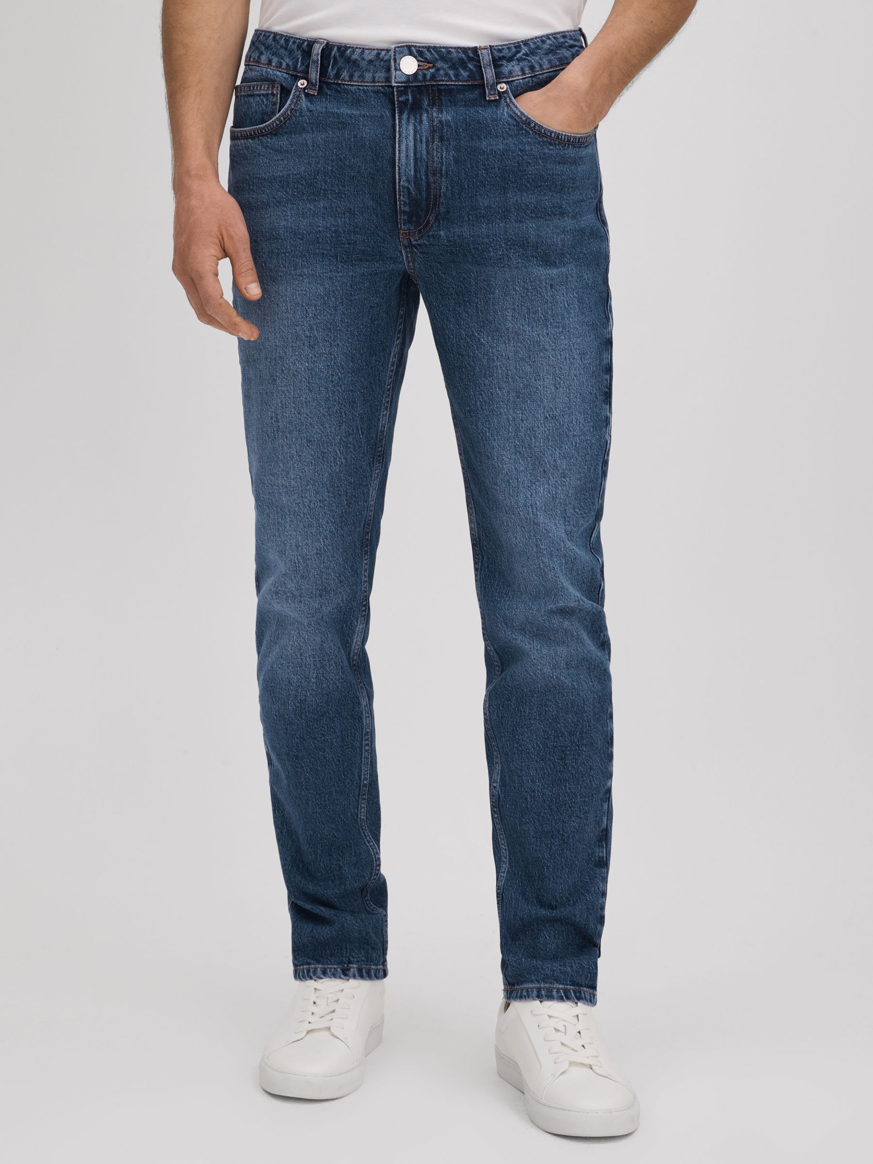 Tapered Slim Fit Washed Jeans in Mid Blue Wash - Image 1 of 6