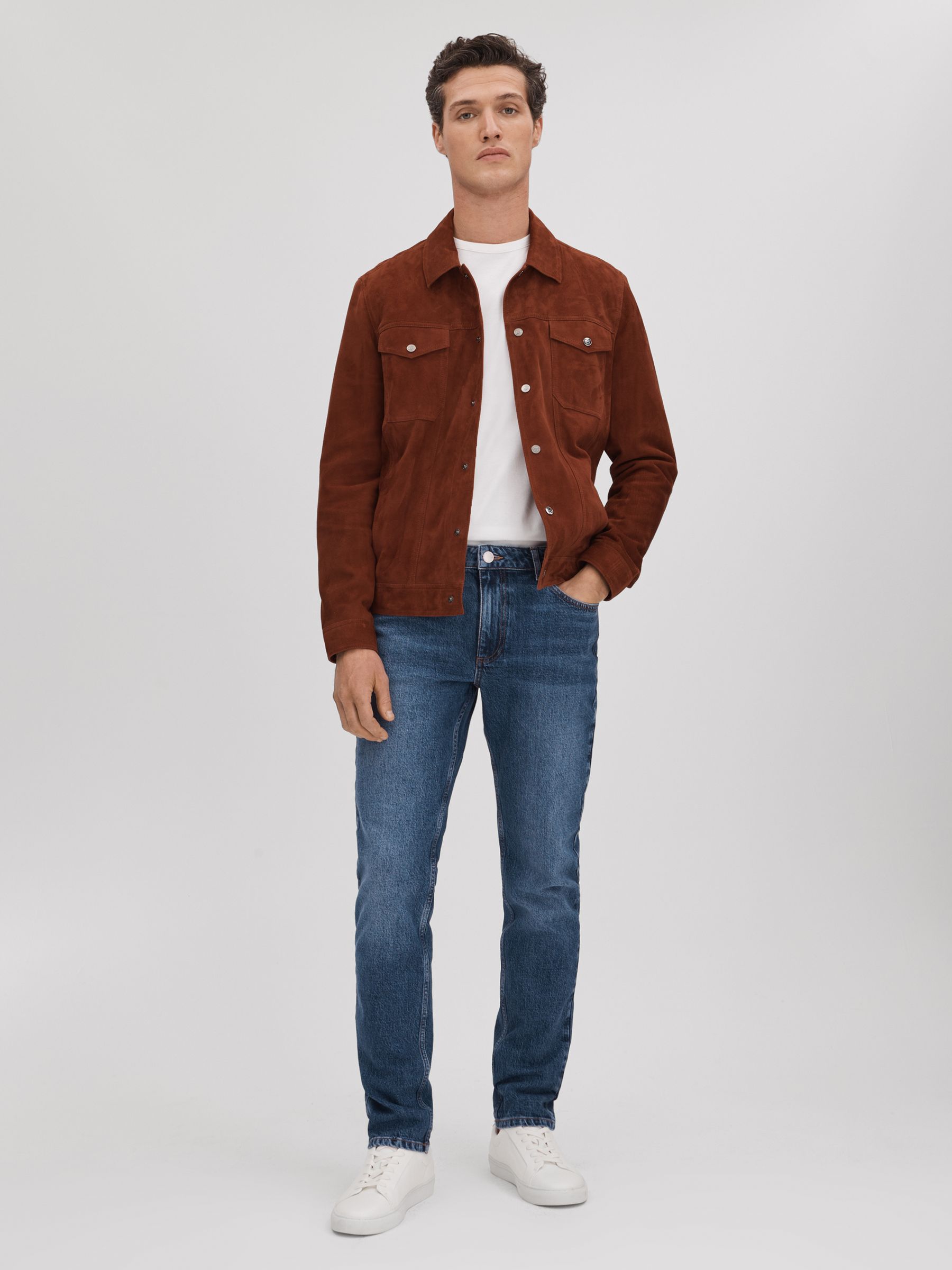 Tapered Slim Fit Washed Jeans in Mid Blue Wash - Image 3 of 6