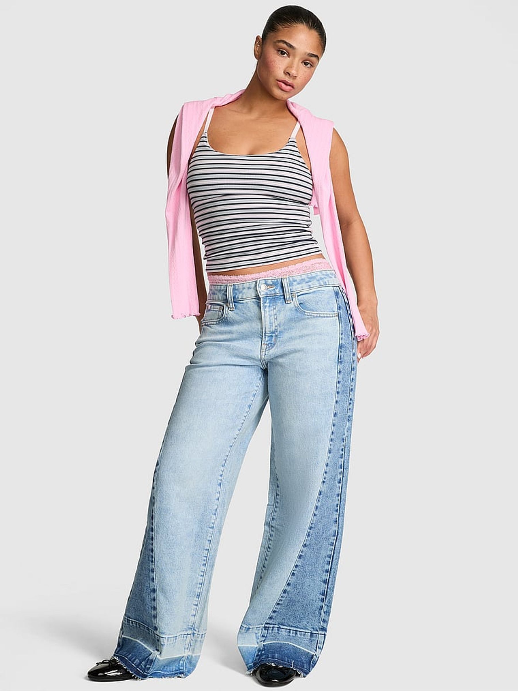 Light Wash Blue Panel Mid-Rise Baggy Wide Leg Jeans - Image 1 of 2