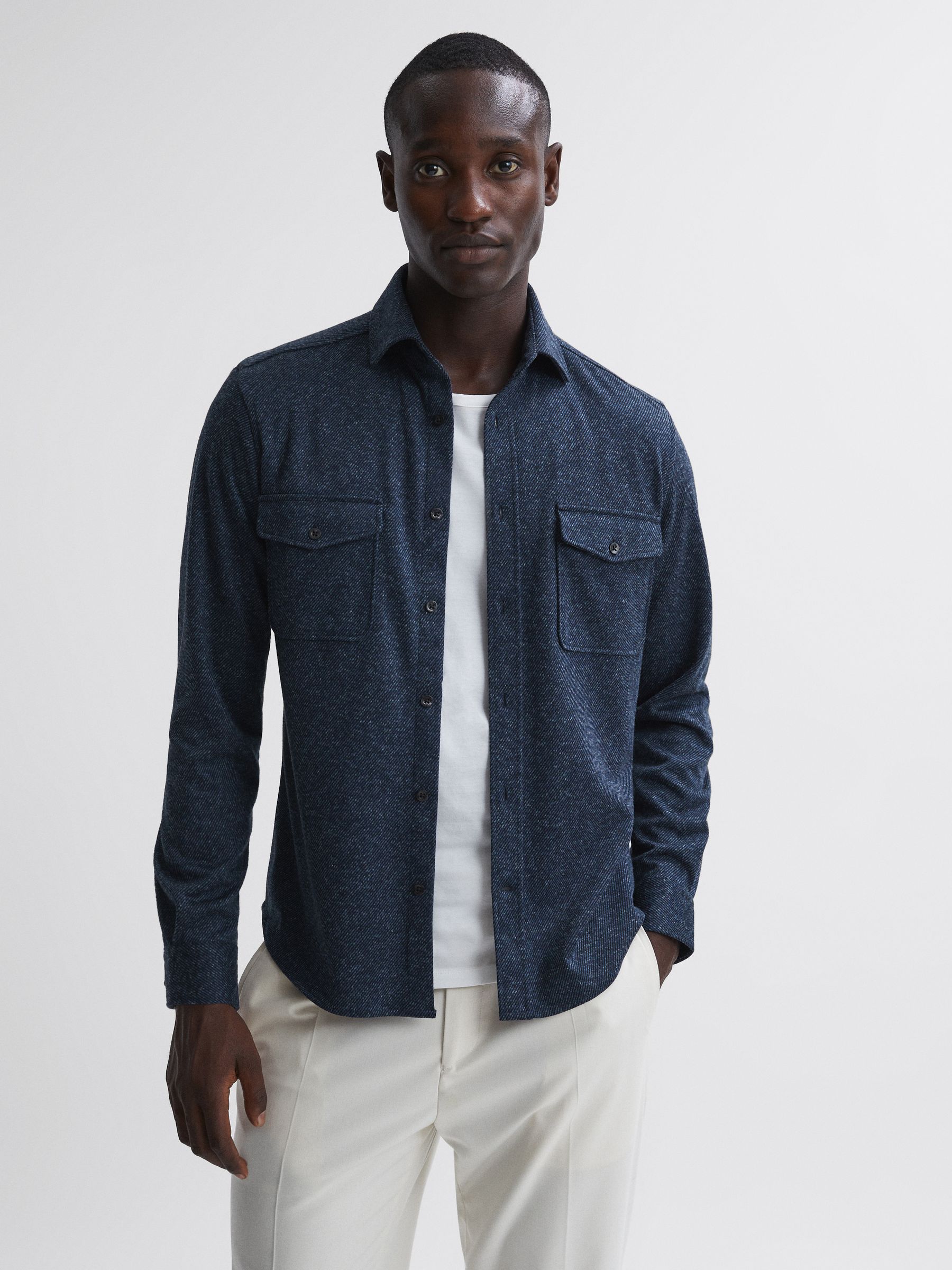 Button-Through Twin Pocket Overshirt in Blue - Image 1 of 4