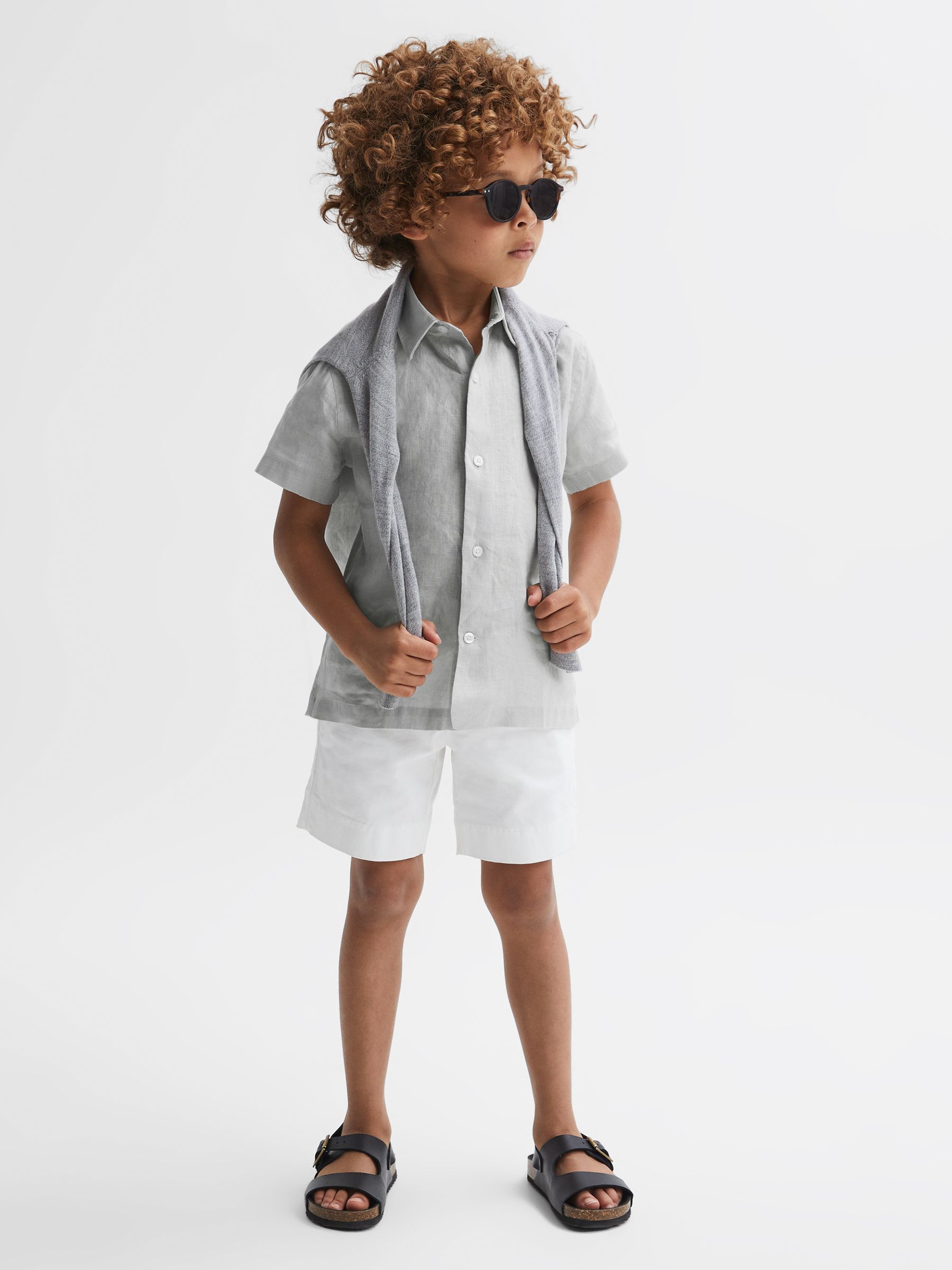 Short Sleeve Linen Shirt in Light Sage Green - Image 3 of 6