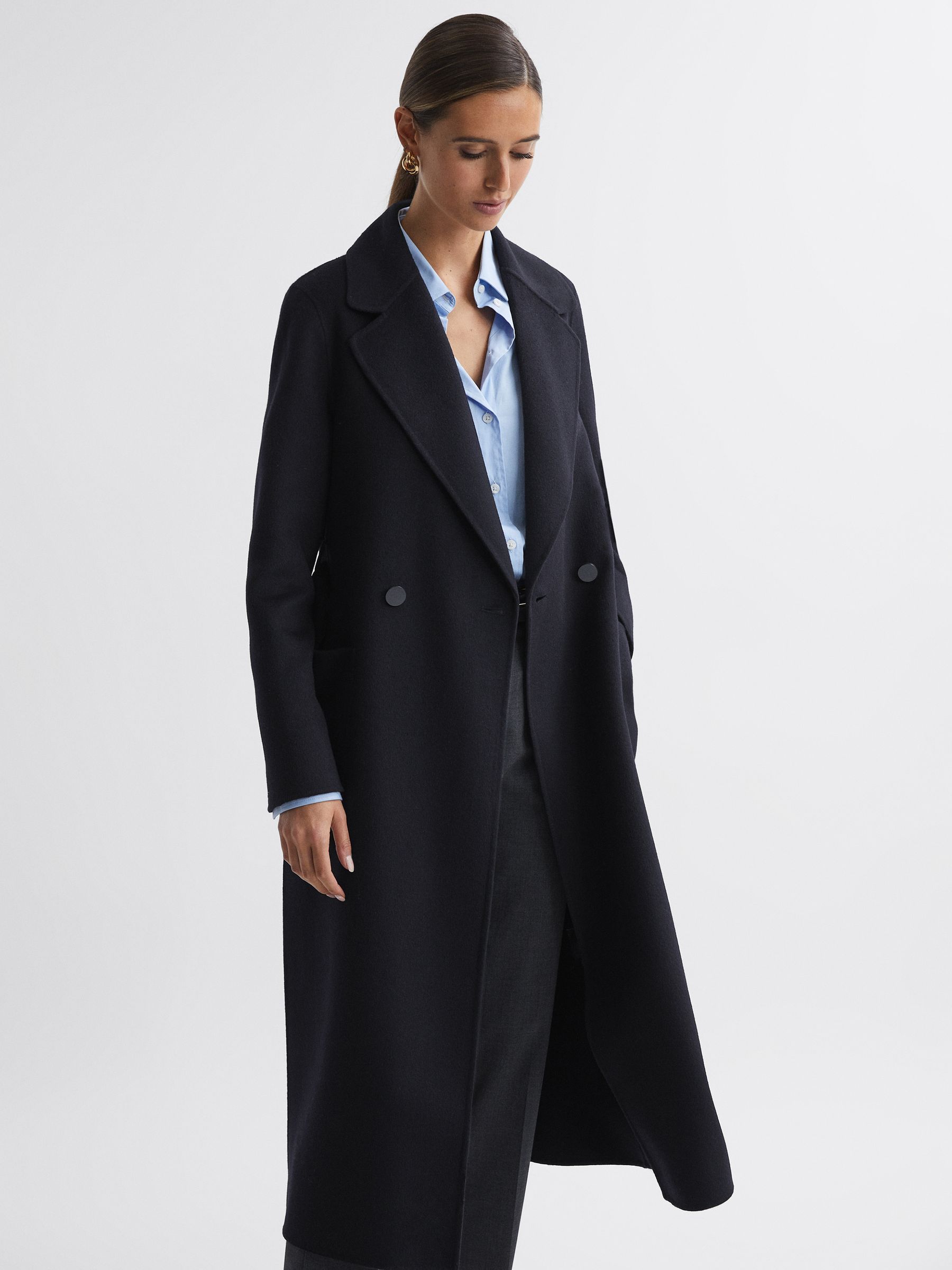 Long Wool Blend Blindseam Coat in Navy - Image 3 of 5