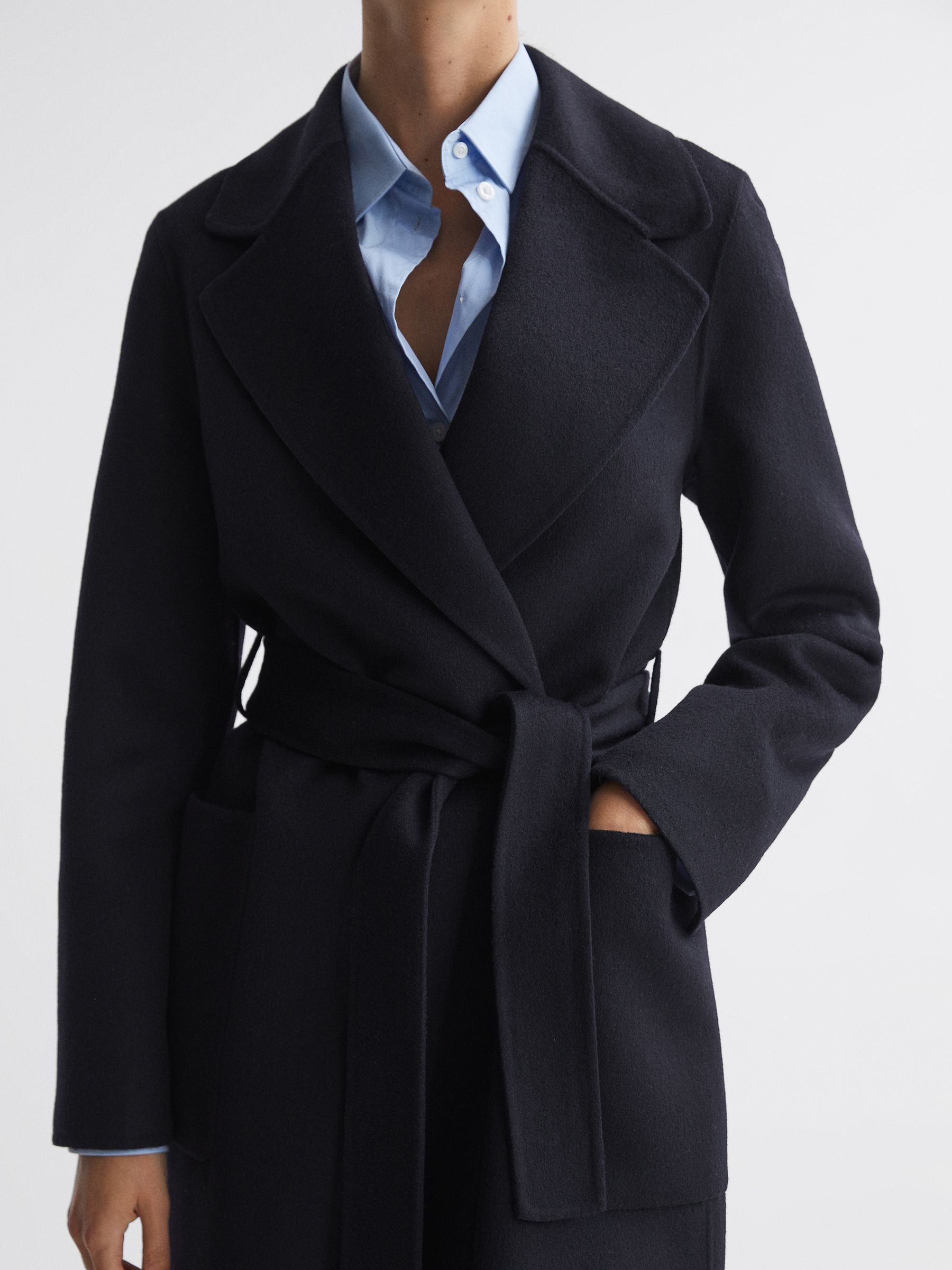 Long Wool Blend Blindseam Coat in Navy - Image 4 of 5