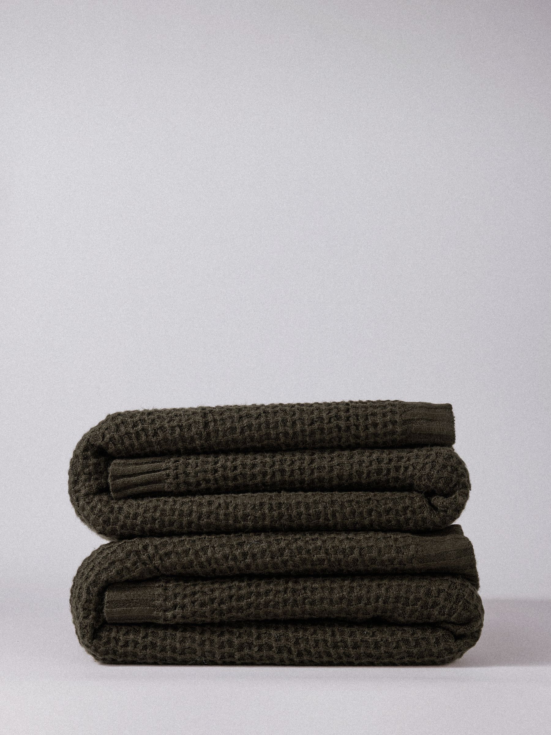 The Set 2 Pack Olive Green Ribbed Waffle Knitted Throws - Image 1 of 4