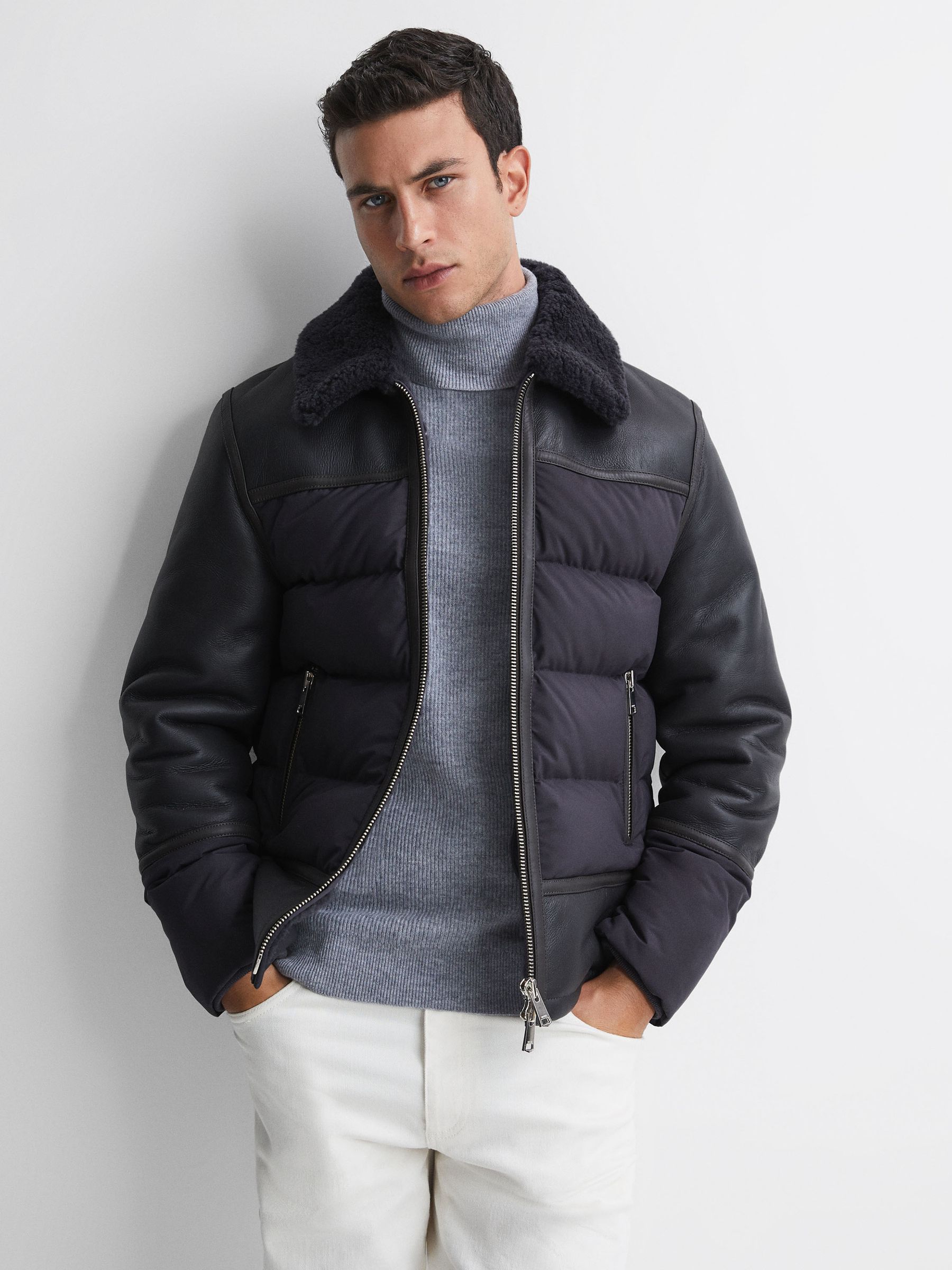 Leather Quilted Shearling Coat in Grey - Image 1 of 5