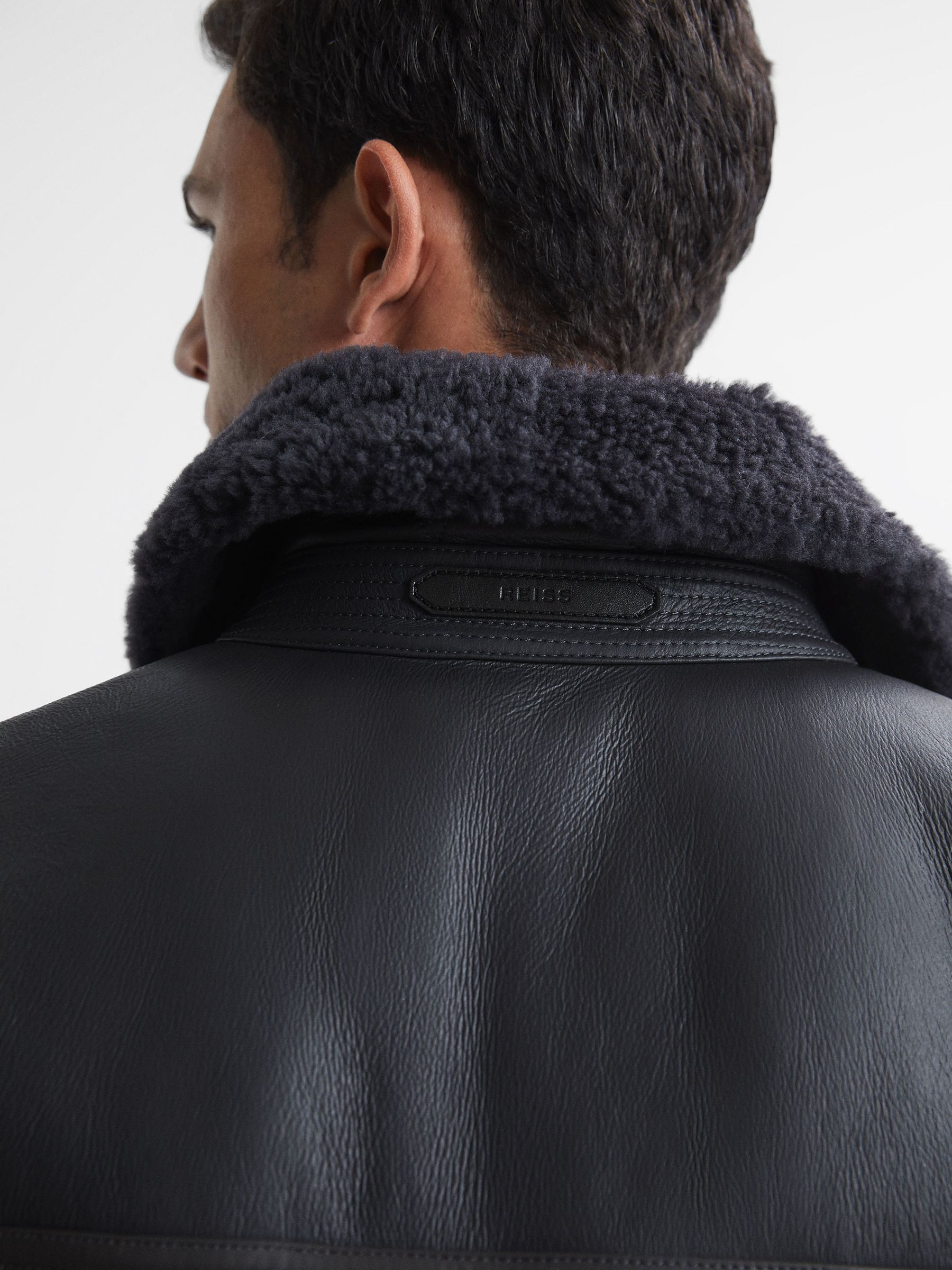 Leather Quilted Shearling Coat in Grey - Image 3 of 5