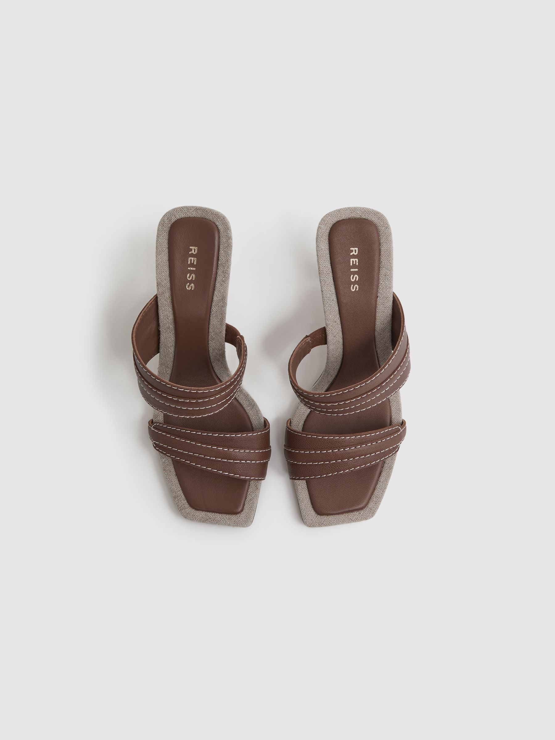Leather Strap Heeled Mules in Tan - image 3