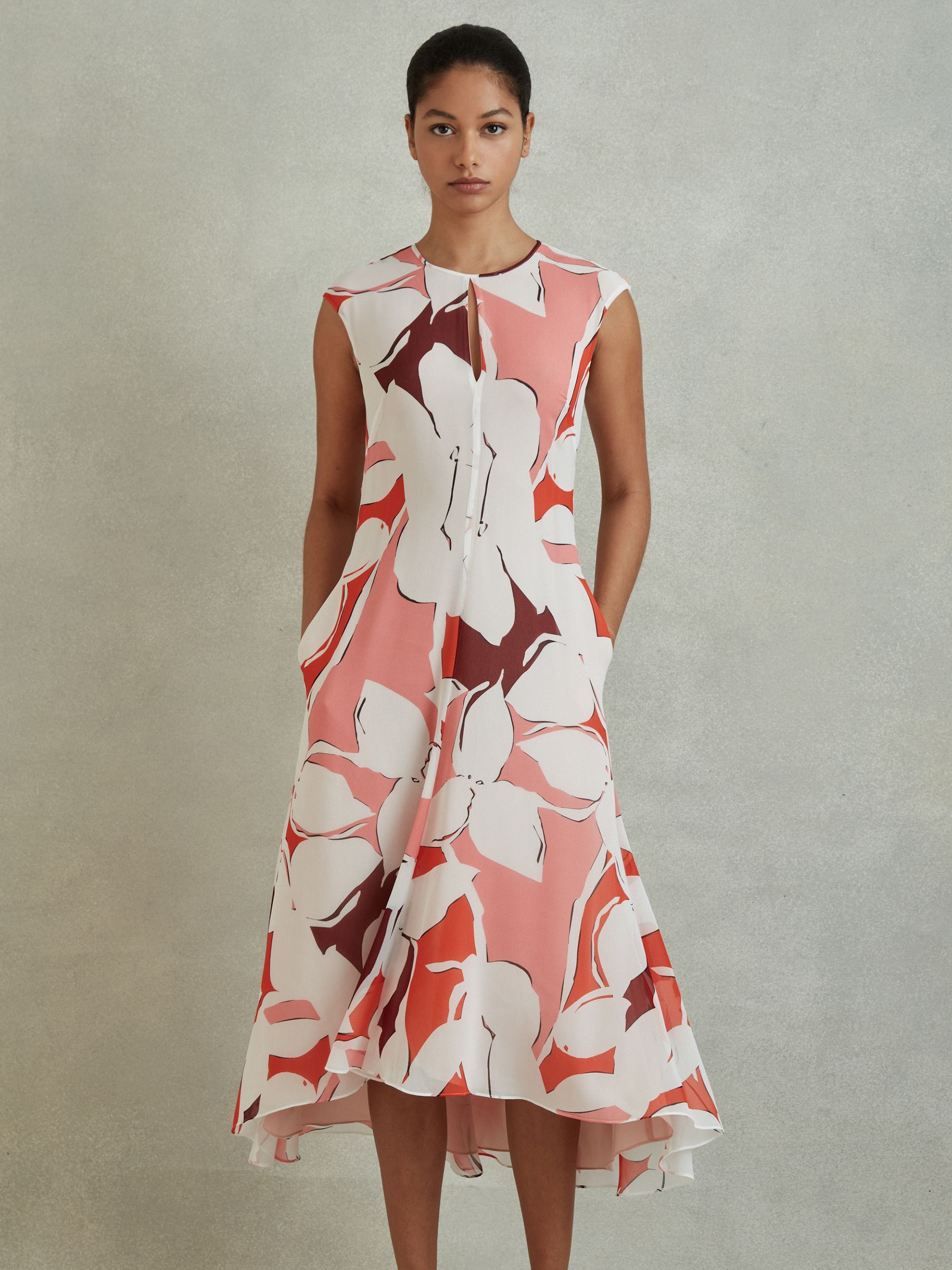 Printed Open Back Midi Dress in Red - Image 3 of 6