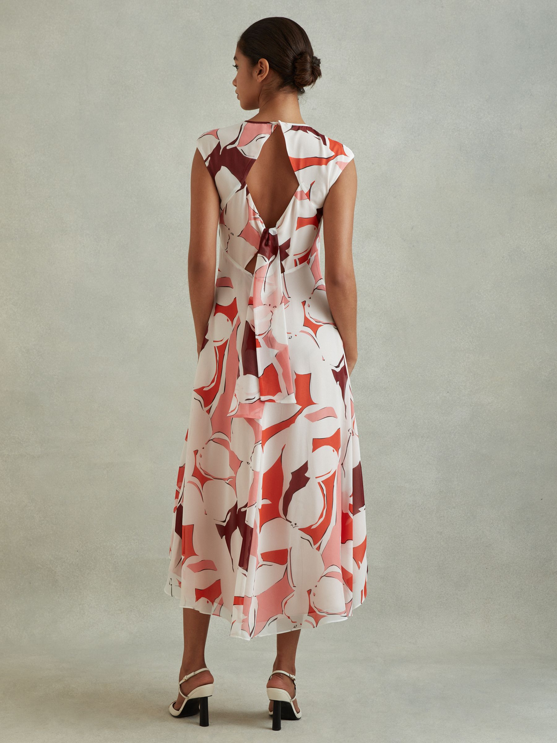 Printed Open Back Midi Dress in Red - Image 4 of 6