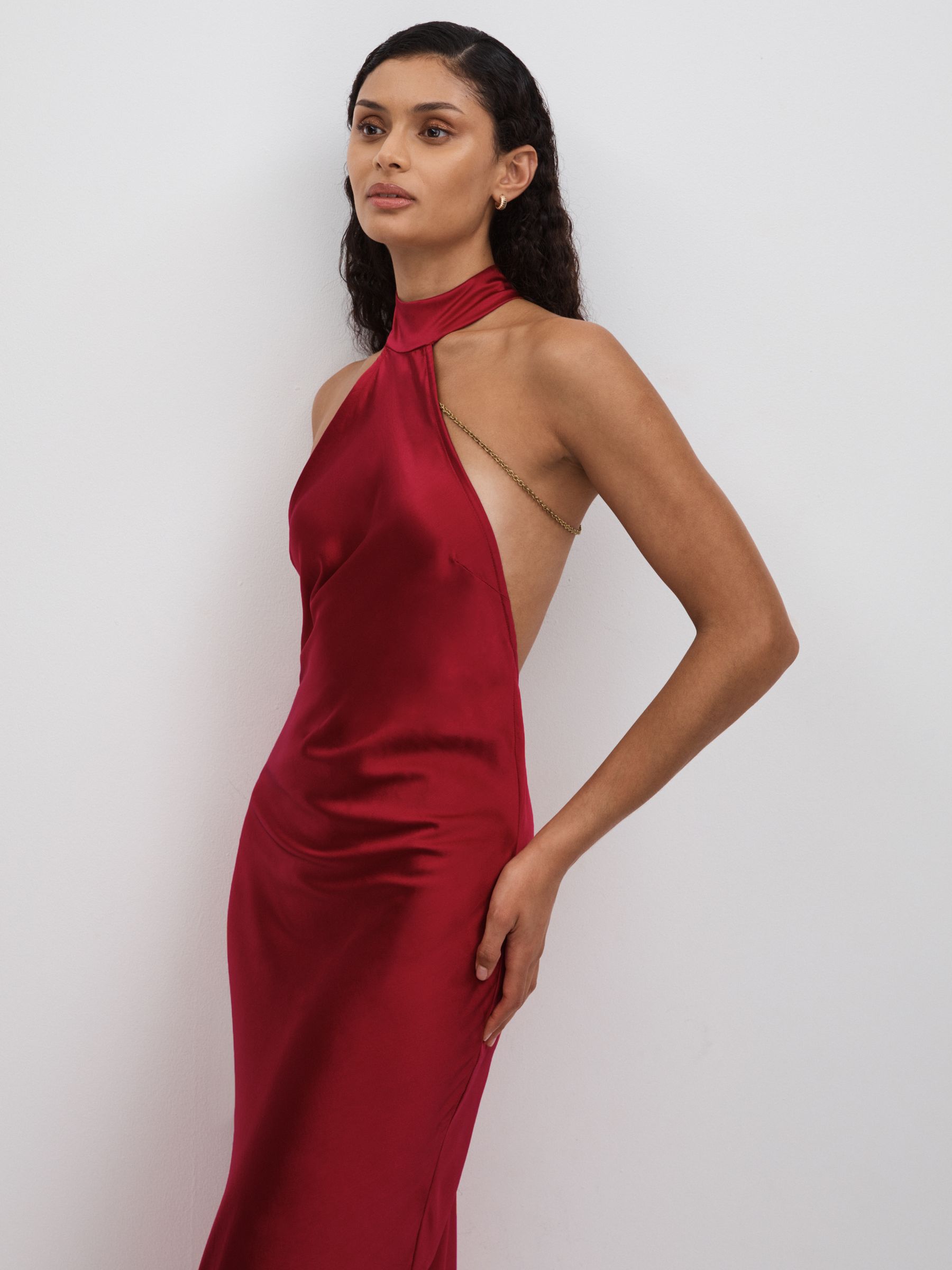 Radhika Deep Red Savannah Morrow Peace Silk Chain Detail Maxi Dress - Image 3 of 5