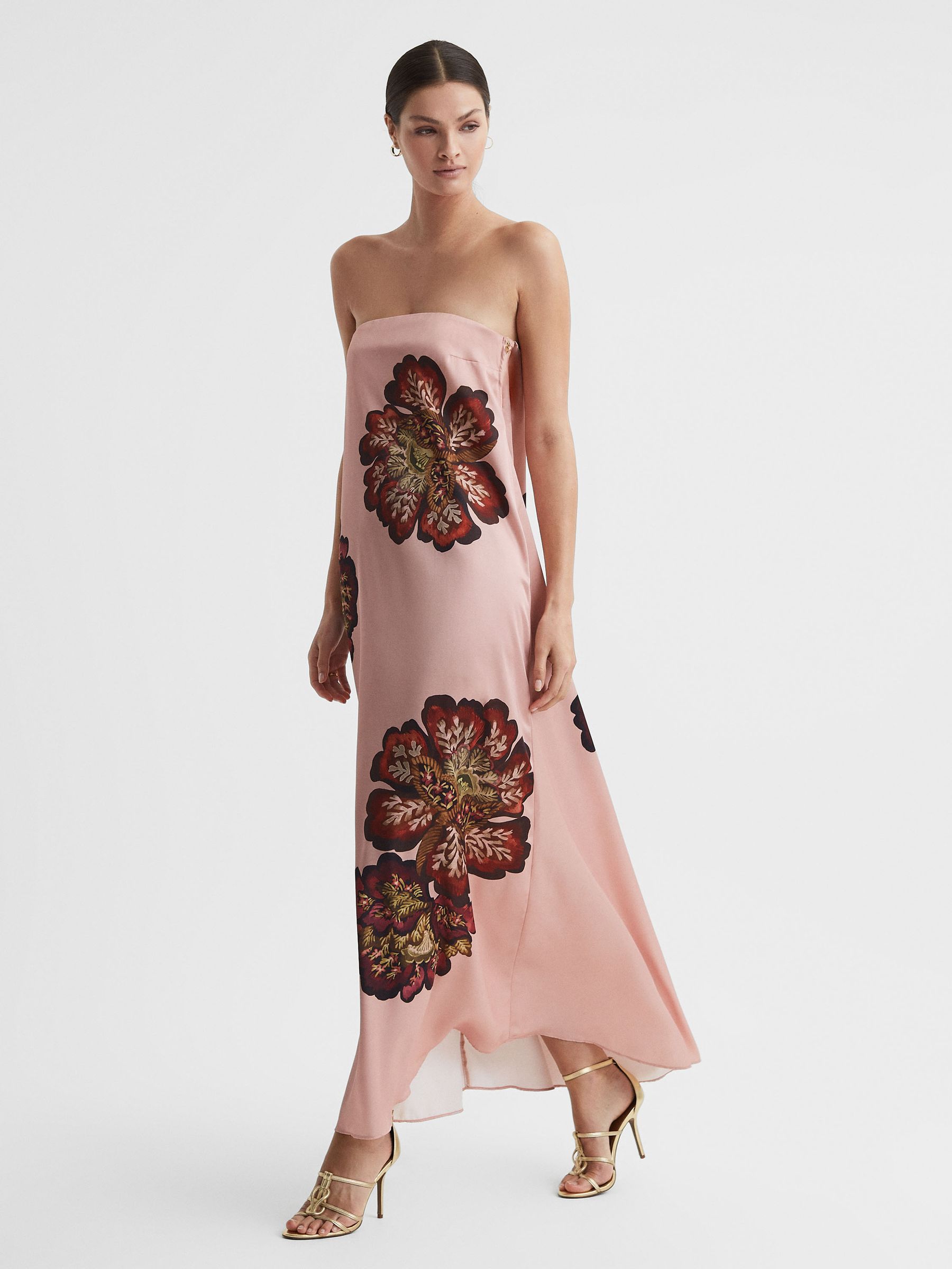 Reiss Significant Other Satin Floral Strapless Maxi Dress in Rose