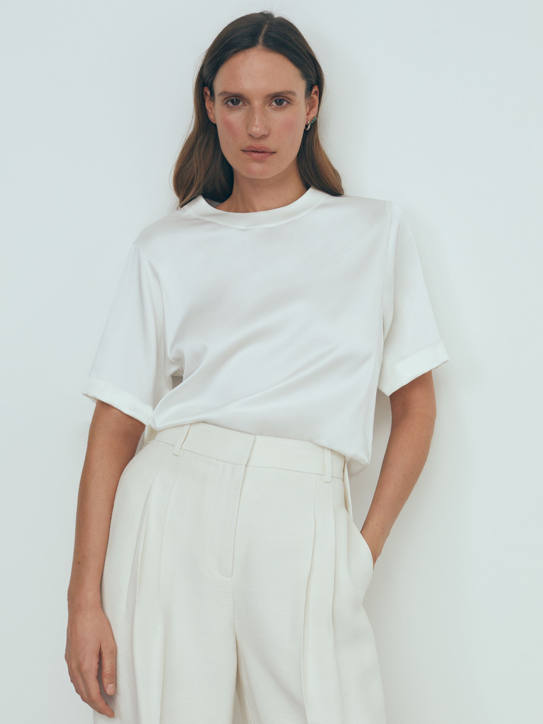 Atelier Satin Crew Neck Blouse in Ivory - Image 1 of 5