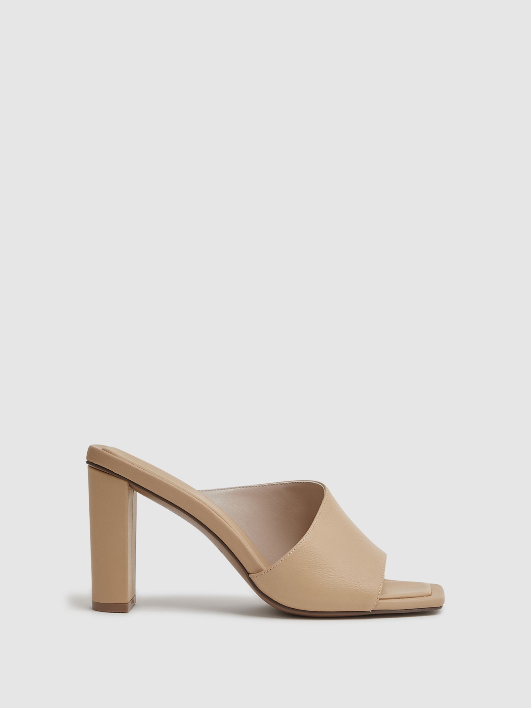 Reiss Leather Block Heel Mules in Nude REISS