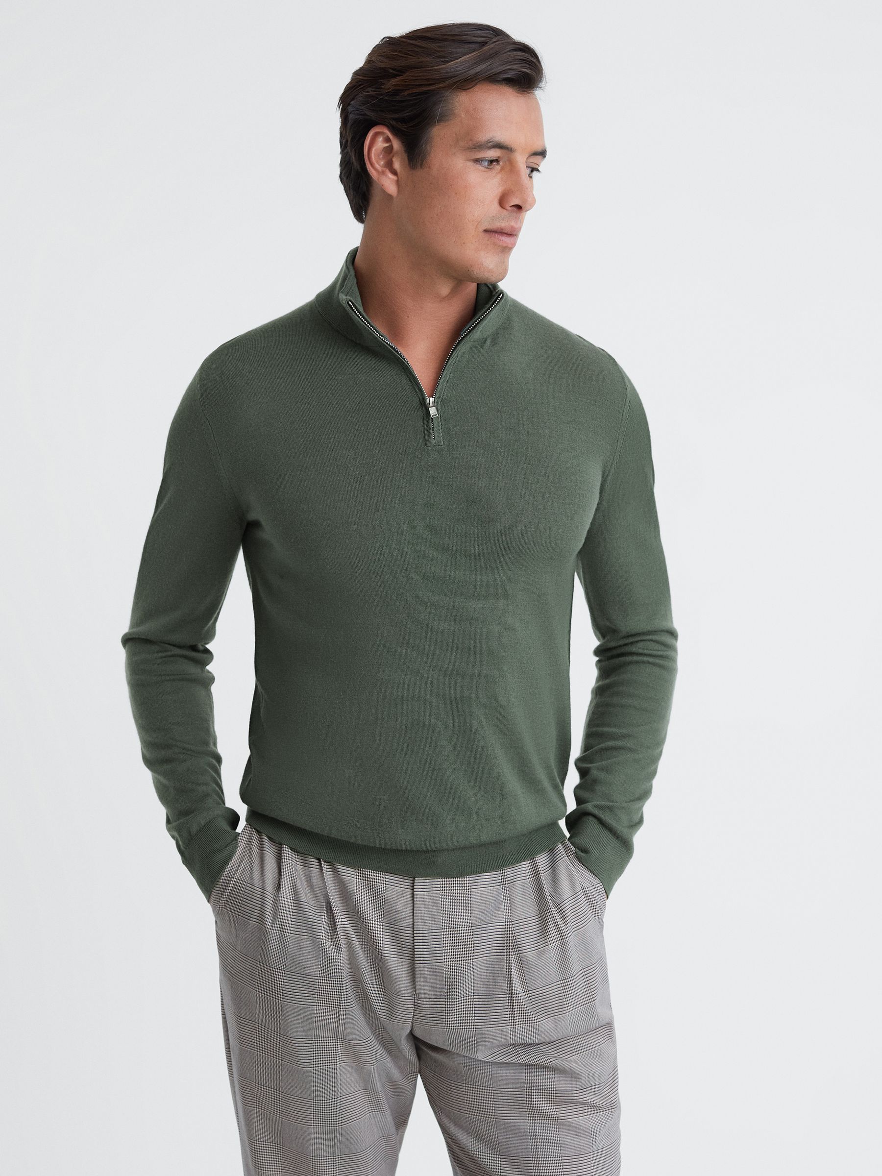 Merino Wool Half-Zip Funnel Neck Jumper in Ivy Green - Image 1 of 5