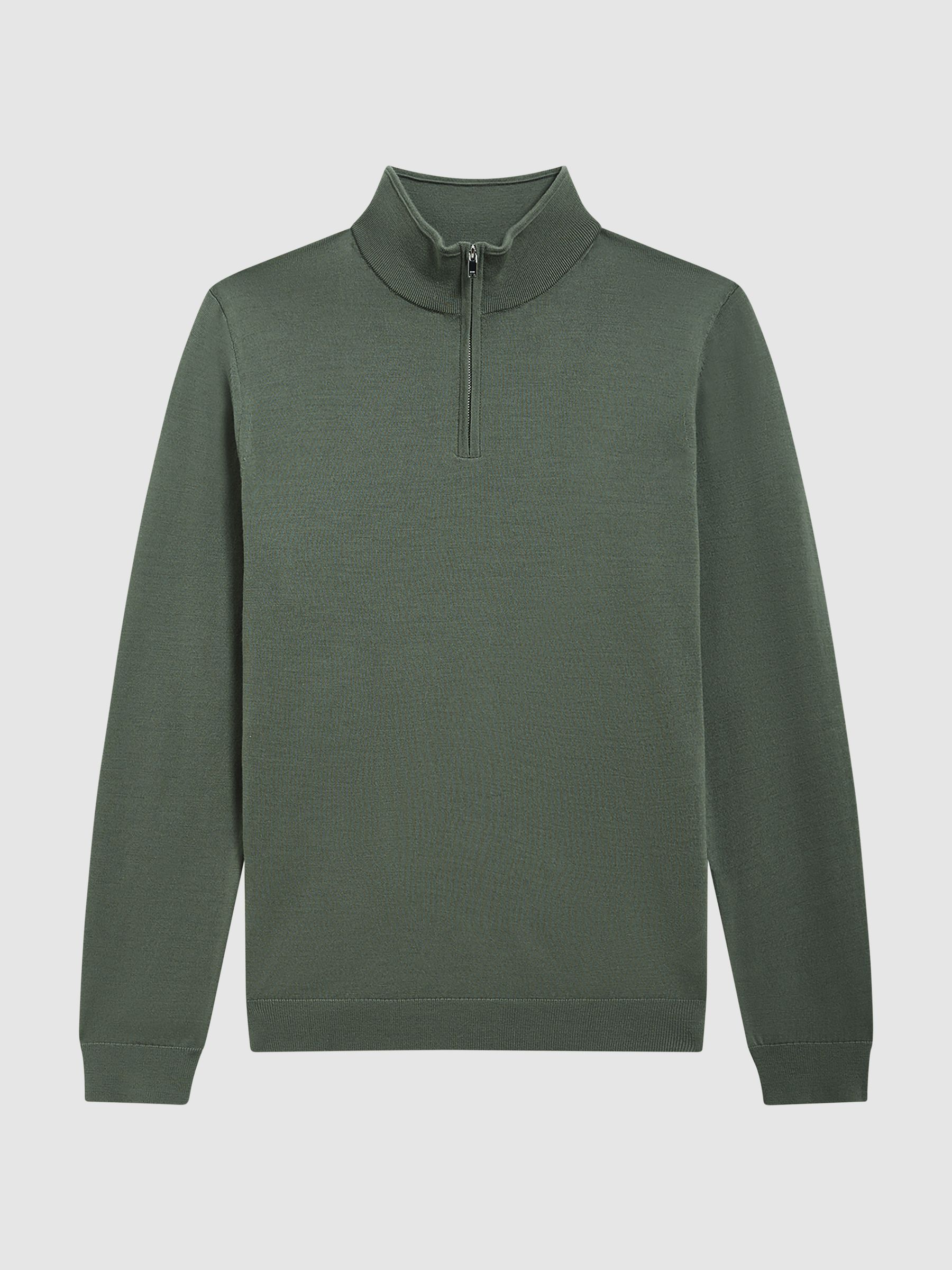 Merino Wool Half-Zip Funnel Neck Jumper in Ivy Green - Image 2 of 5