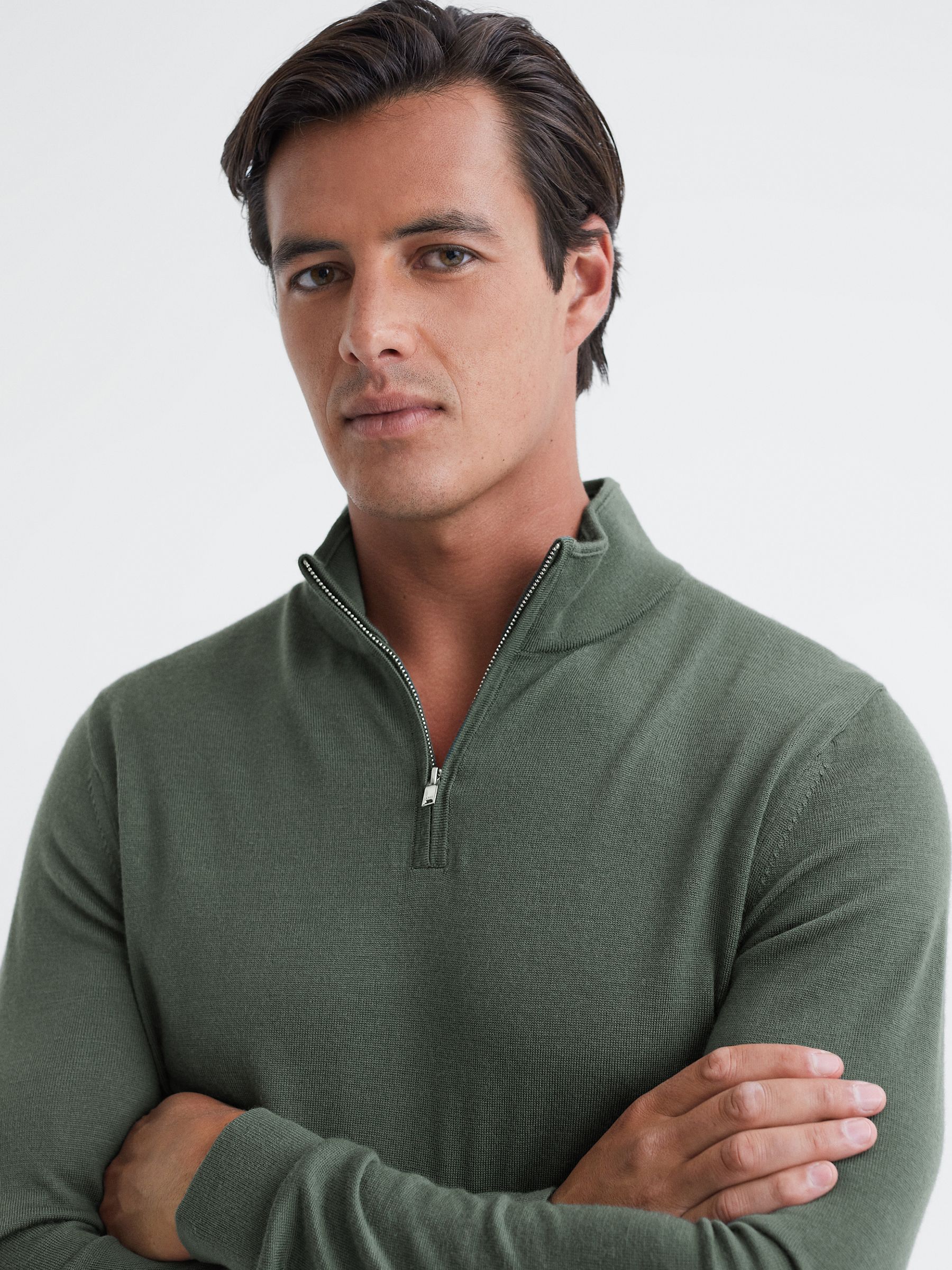 Merino Wool Half-Zip Funnel Neck Jumper in Ivy Green - Image 4 of 5
