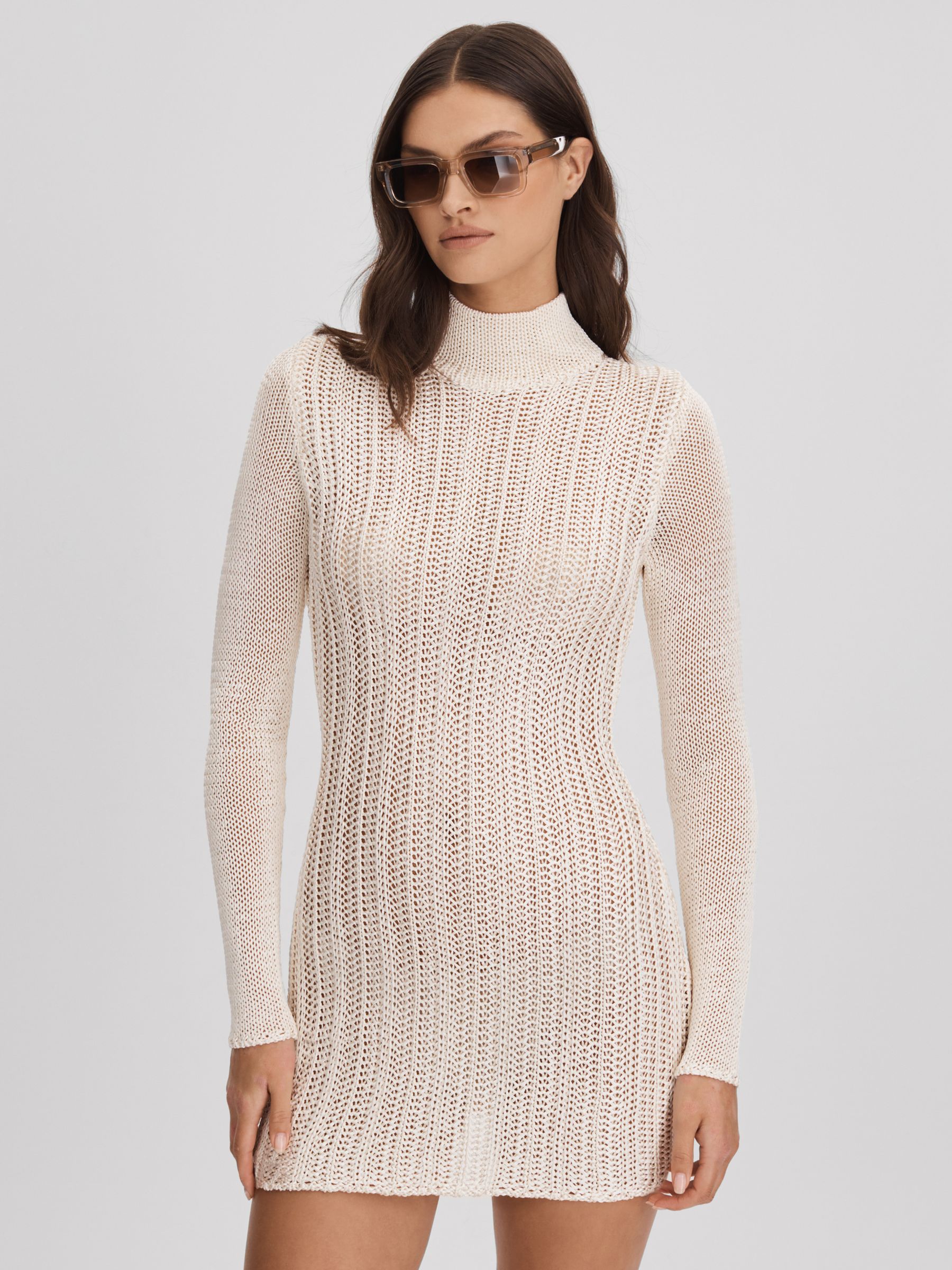 Savannah Morrow Mini Ivory Sheer Knitted Dress in Ivory - Image 1 of 6