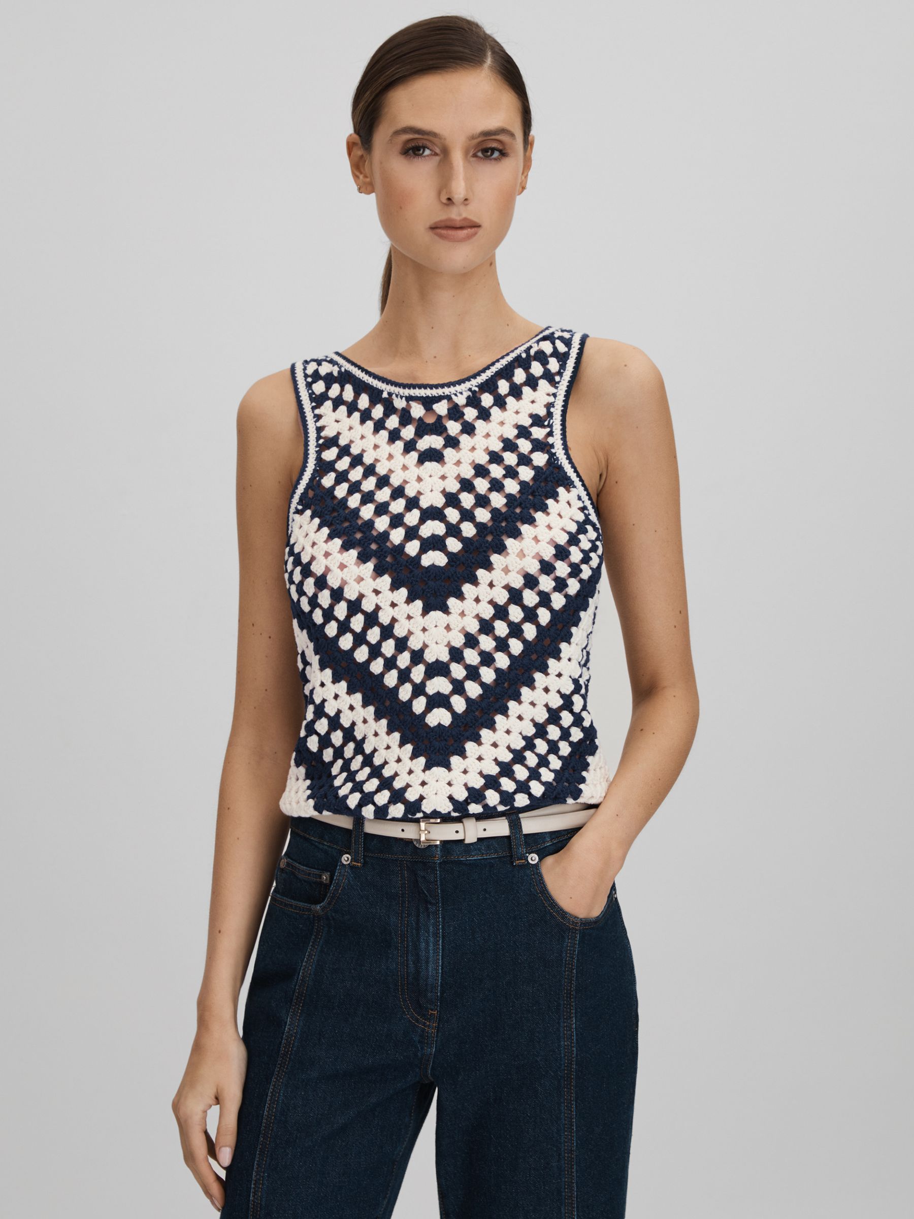 Crochet Crew Neck Vest in Navy/Ivory - Image 1 of 5