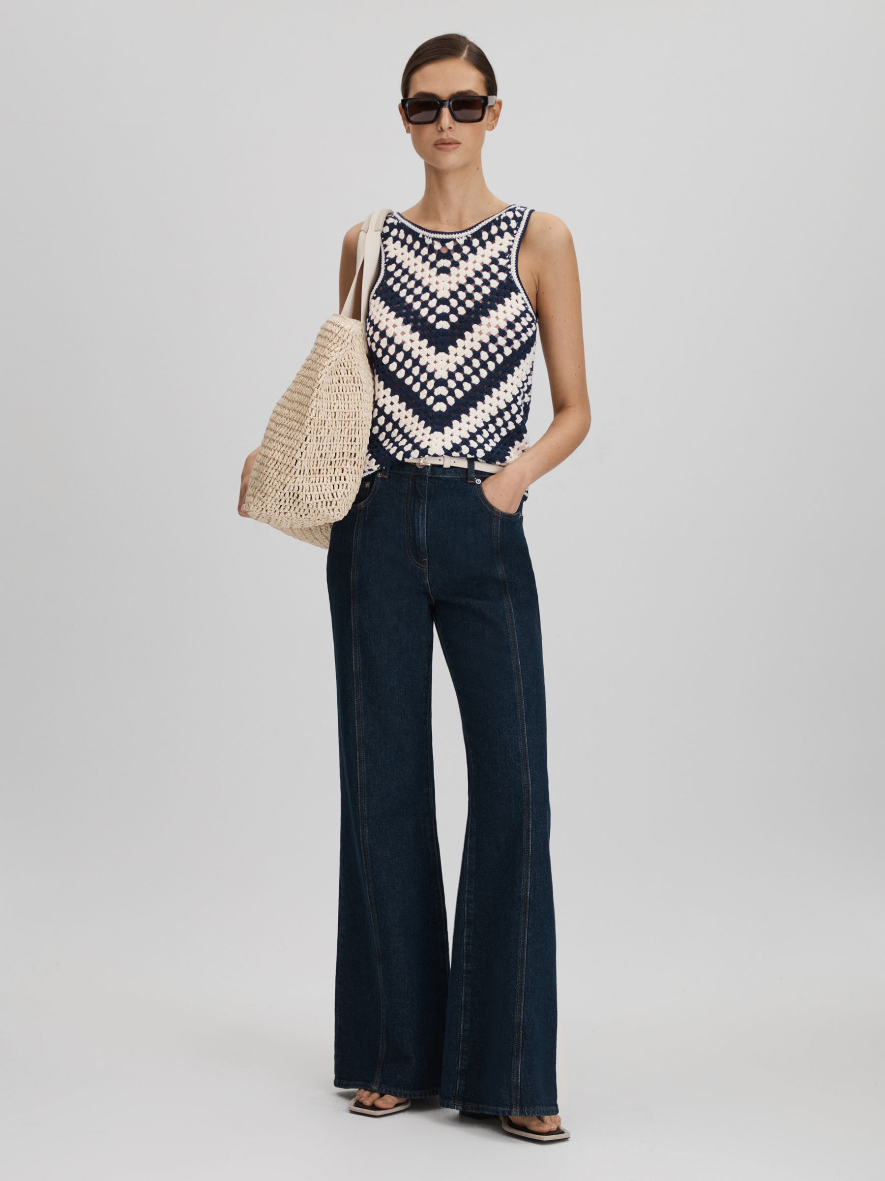 Crochet Crew Neck Vest in Navy/Ivory - Image 3 of 5